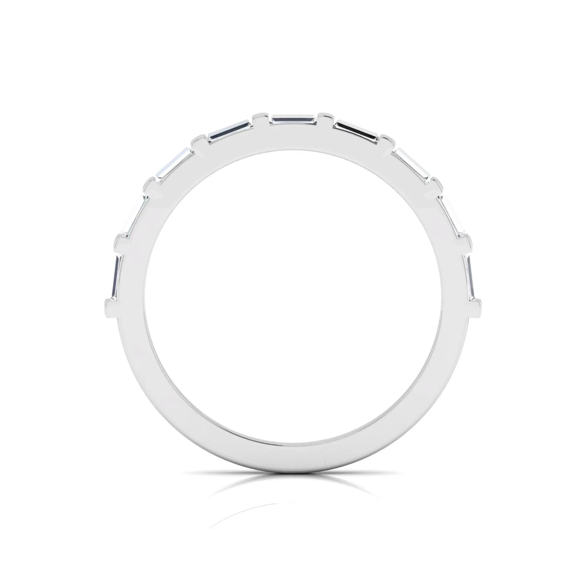 white gold Baguette cut lab grown diamond half eternity band ring with sleek bar setting in a modern minimalist design