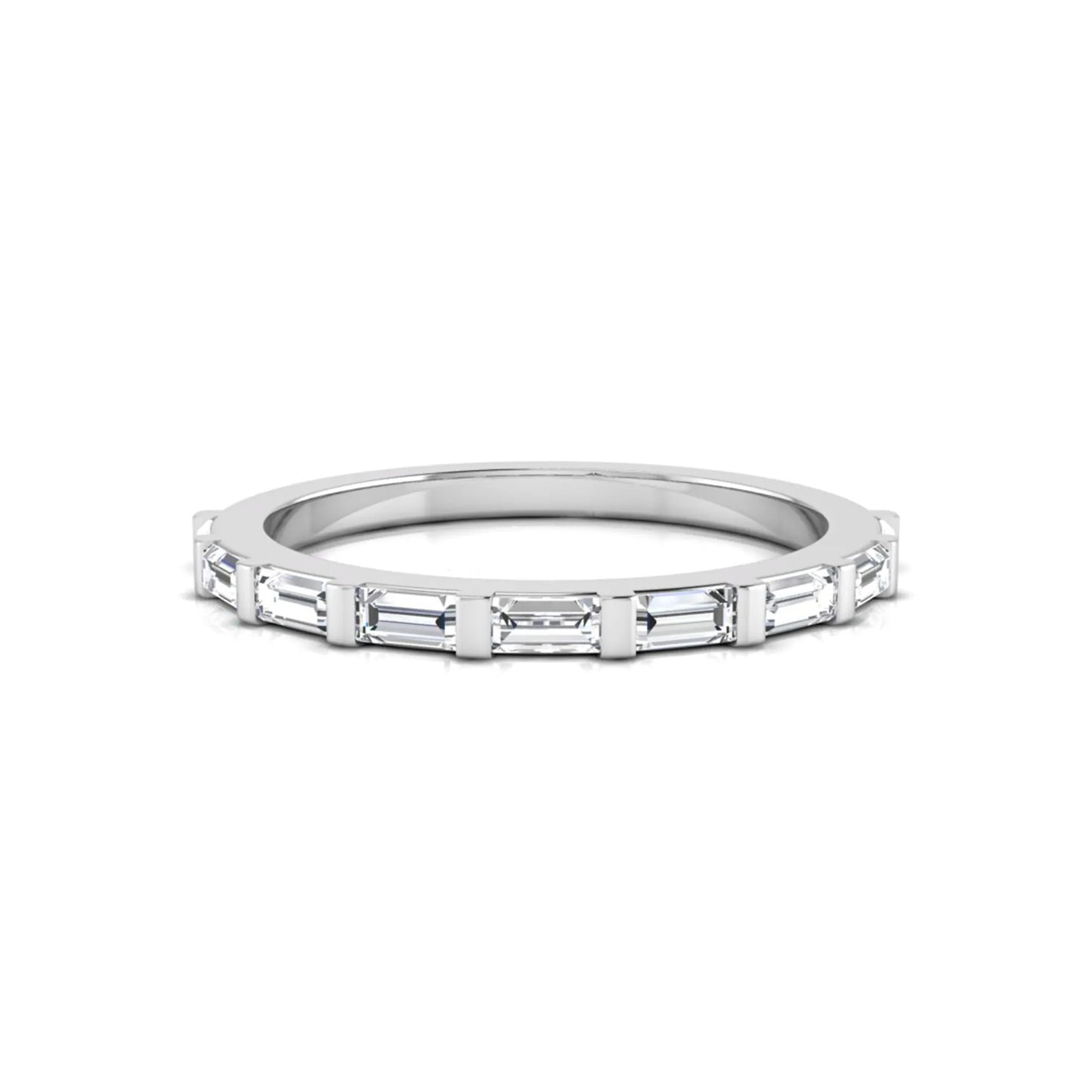 white gold Baguette cut lab grown diamond half eternity band ring with sleek bar setting in a modern minimalist design