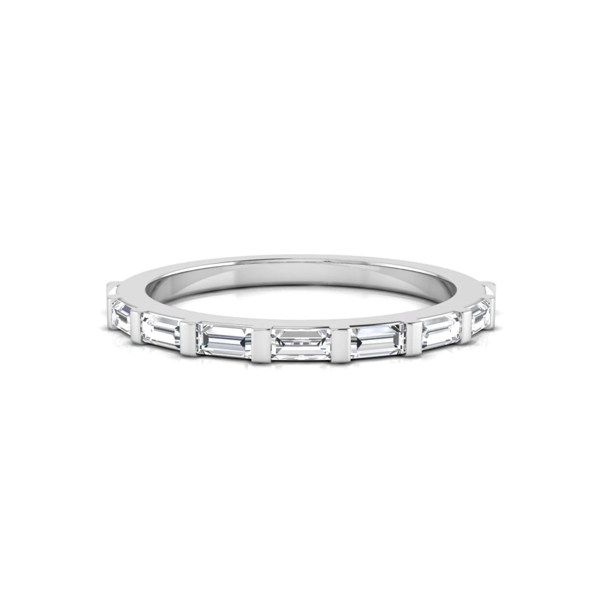white gold Baguette cut lab grown diamond half eternity band ring with sleek bar setting in a modern minimalist design