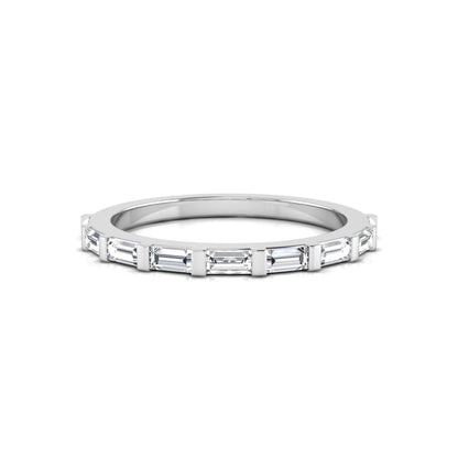 white gold Baguette cut lab grown diamond half eternity band ring with sleek bar setting in a modern minimalist design