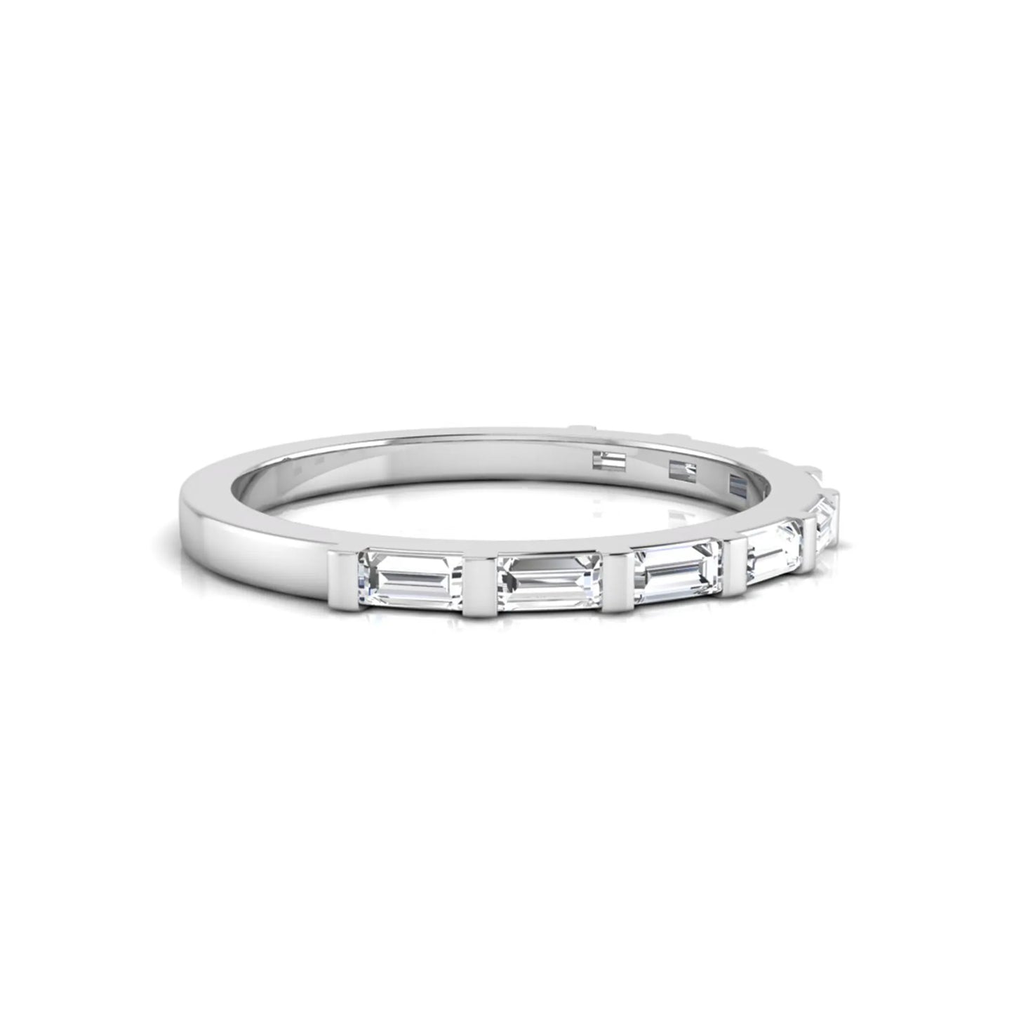 white gold Baguette cut lab grown diamond half eternity band ring with sleek bar setting in a modern minimalist design