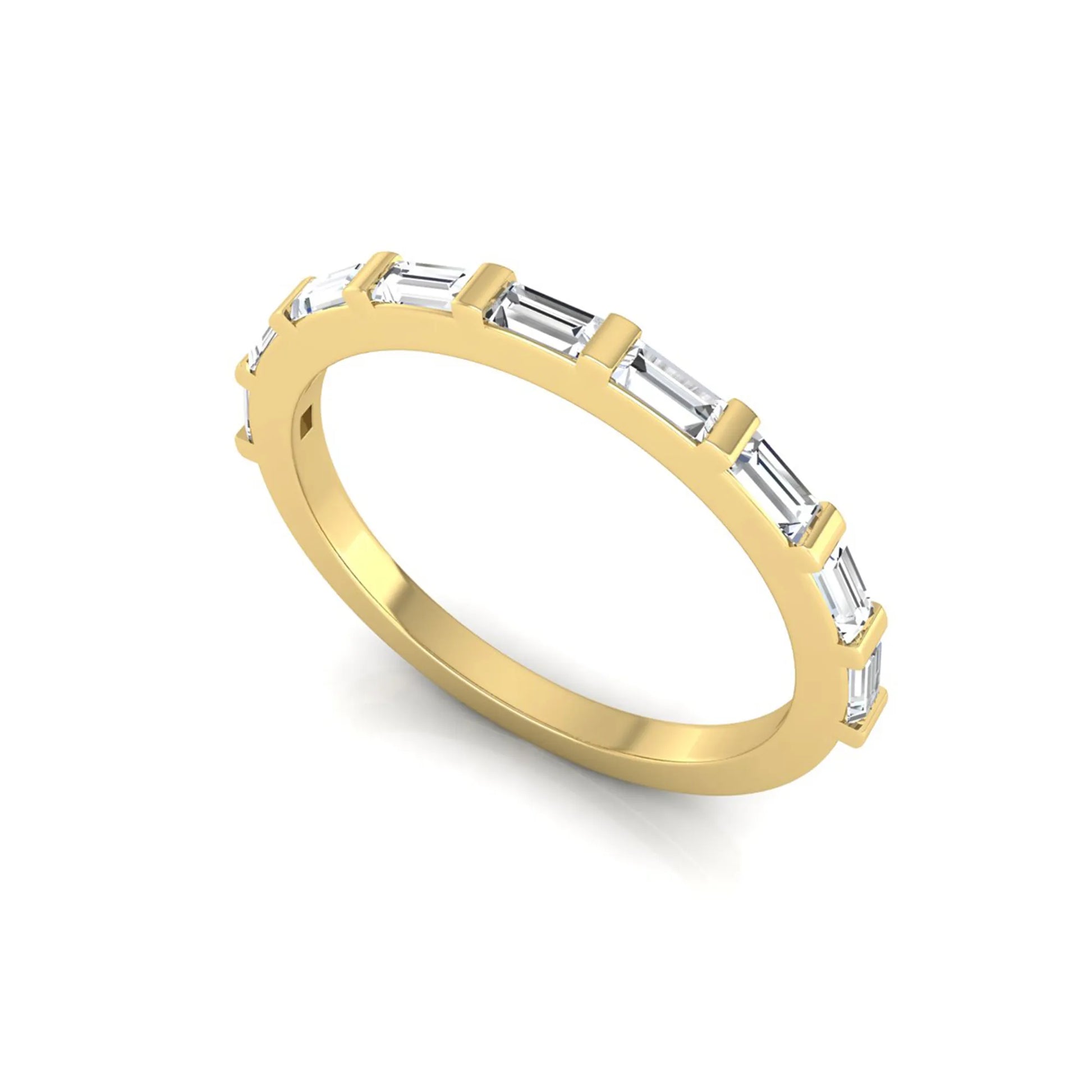 yellow gold Baguette cut lab grown diamond half eternity band ring with sleek bar setting in a modern minimalist design