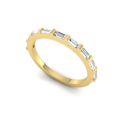 yellow gold Baguette cut lab grown diamond half eternity band ring with sleek bar setting in a modern minimalist design