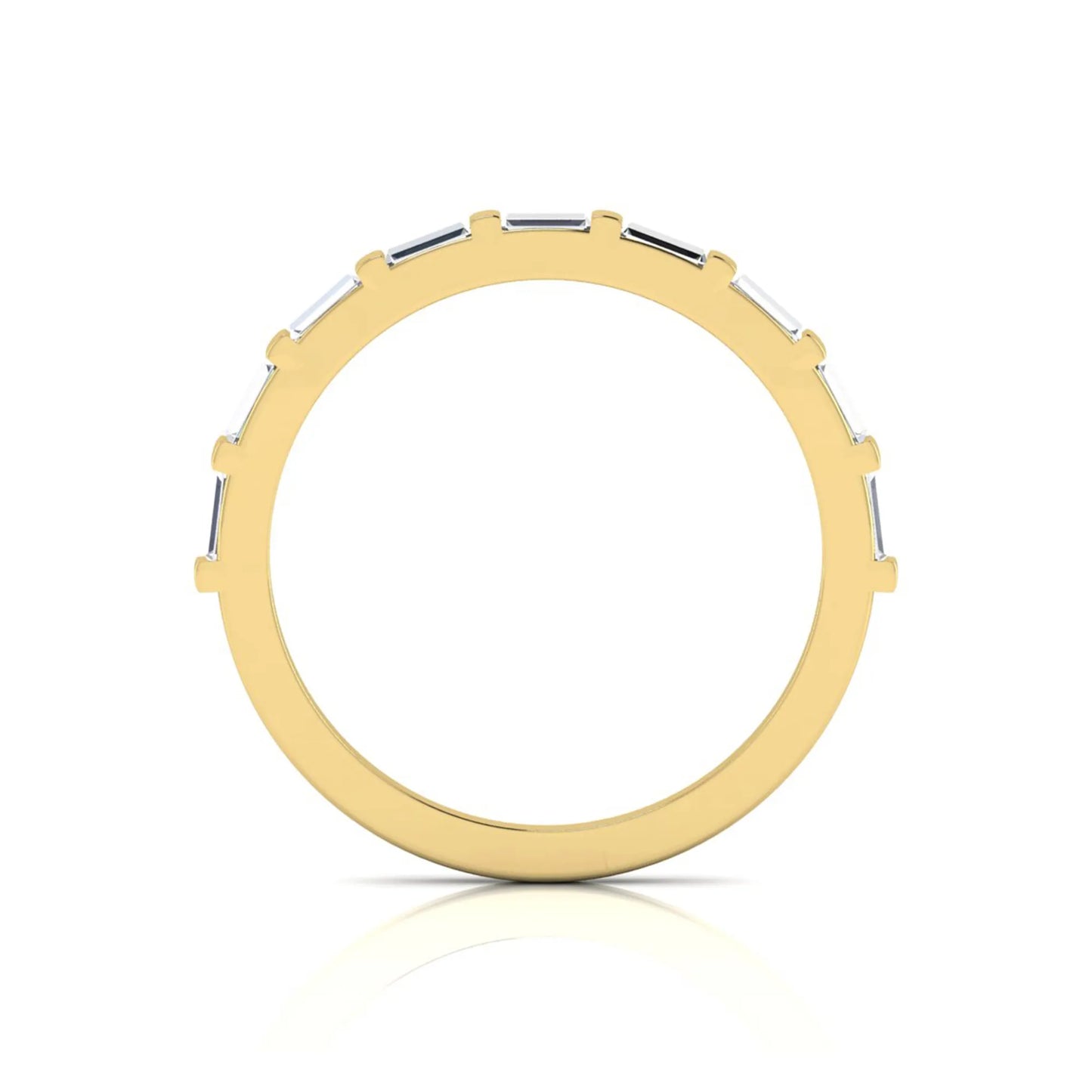 yellow gold Baguette cut lab grown diamond half eternity band ring with sleek bar setting in a modern minimalist design