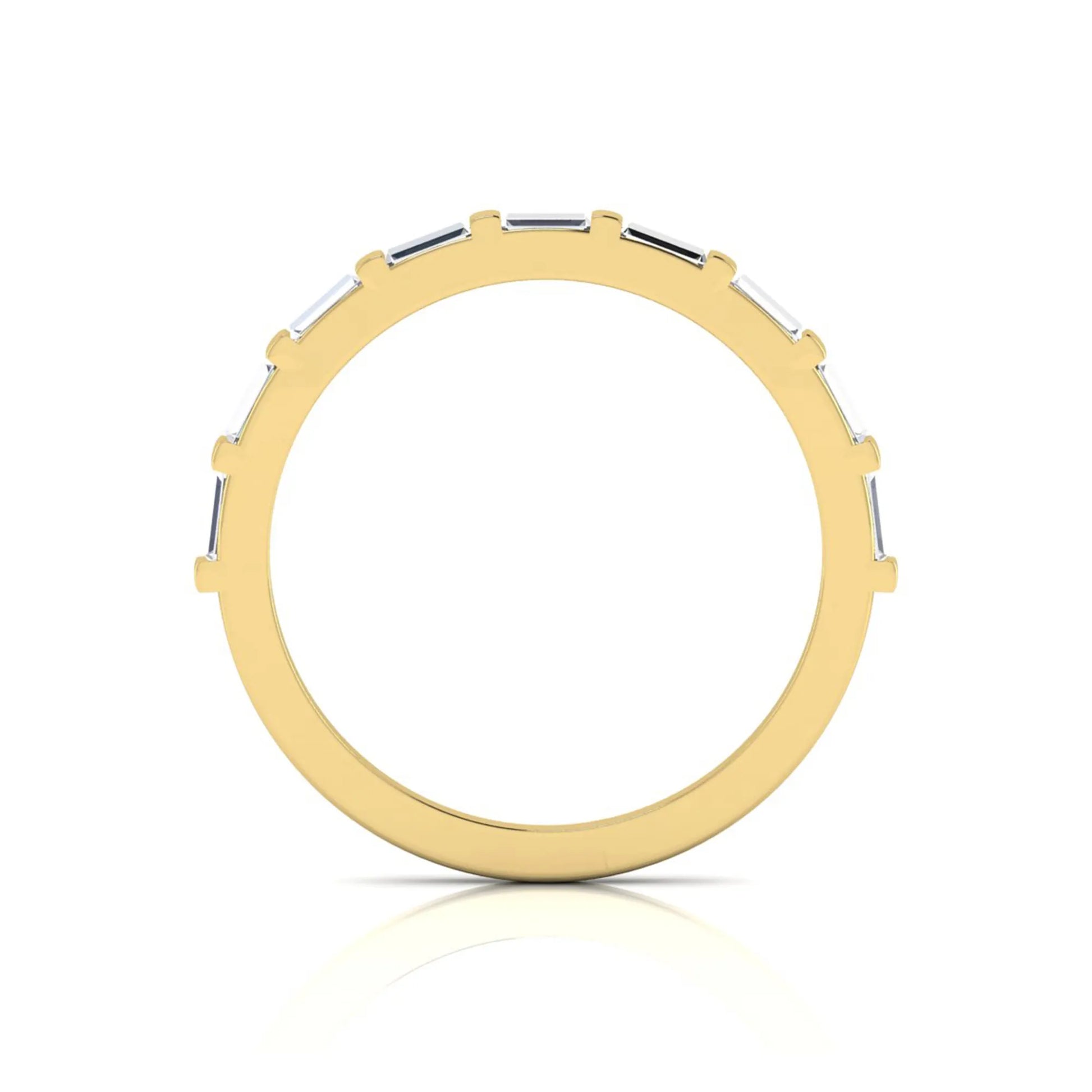 yellow gold Baguette cut lab grown diamond half eternity band ring with sleek bar setting in a modern minimalist design