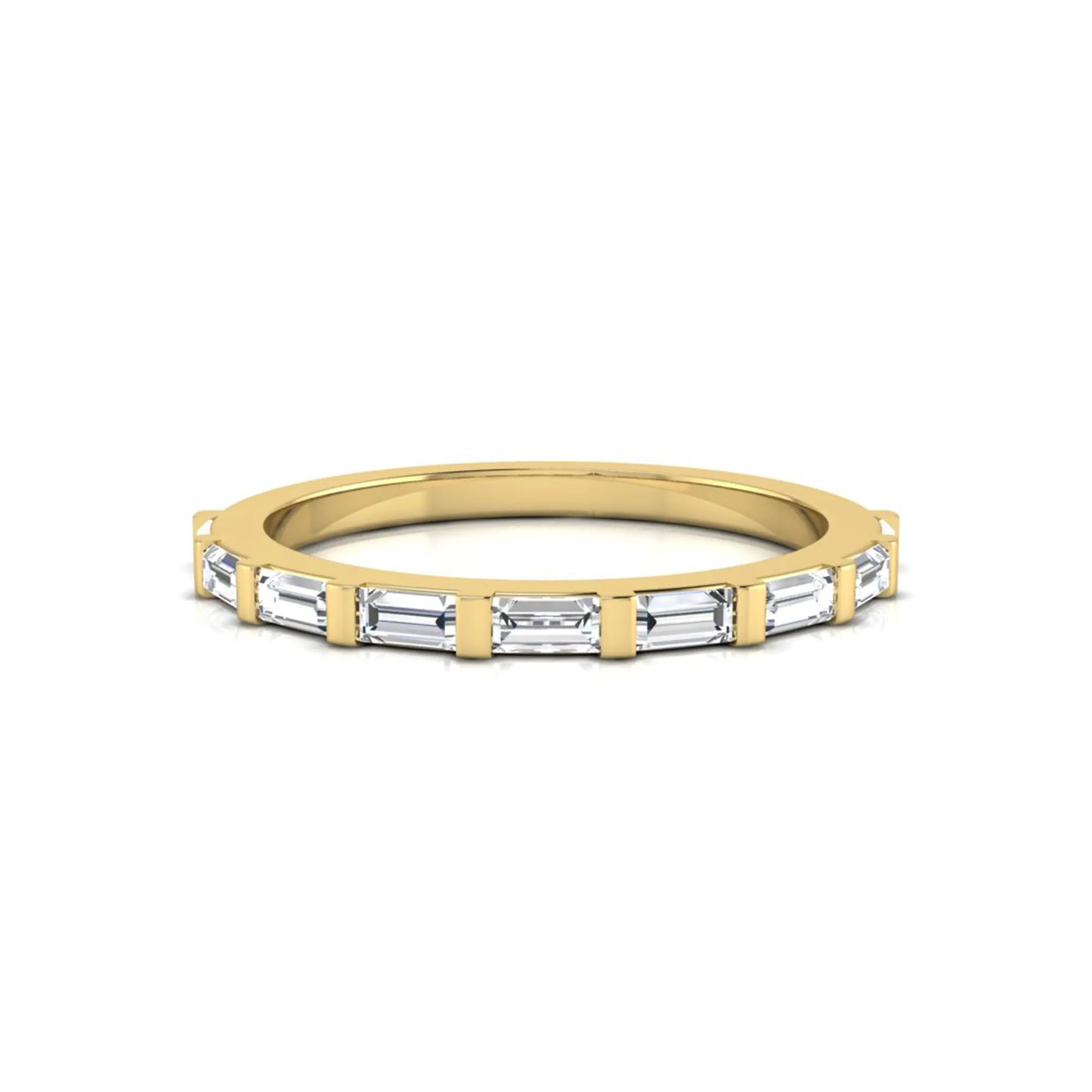 yellow gold Baguette cut lab grown diamond half eternity band ring with sleek bar setting in a modern minimalist design