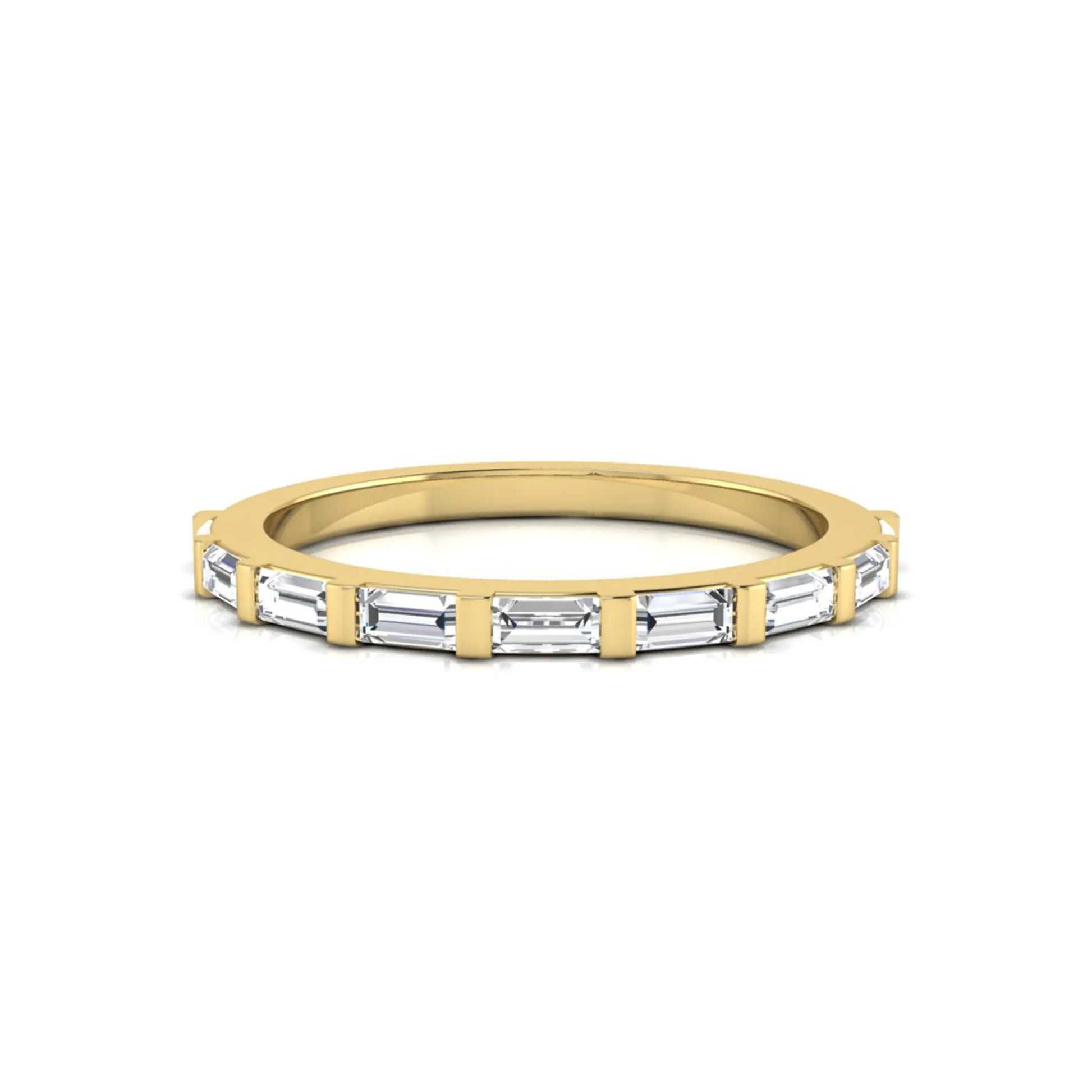 yellow gold Baguette cut lab grown diamond half eternity band ring with sleek bar setting in a modern minimalist design