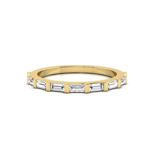 yellow gold Baguette cut lab grown diamond half eternity band ring with sleek bar setting in a modern minimalist design