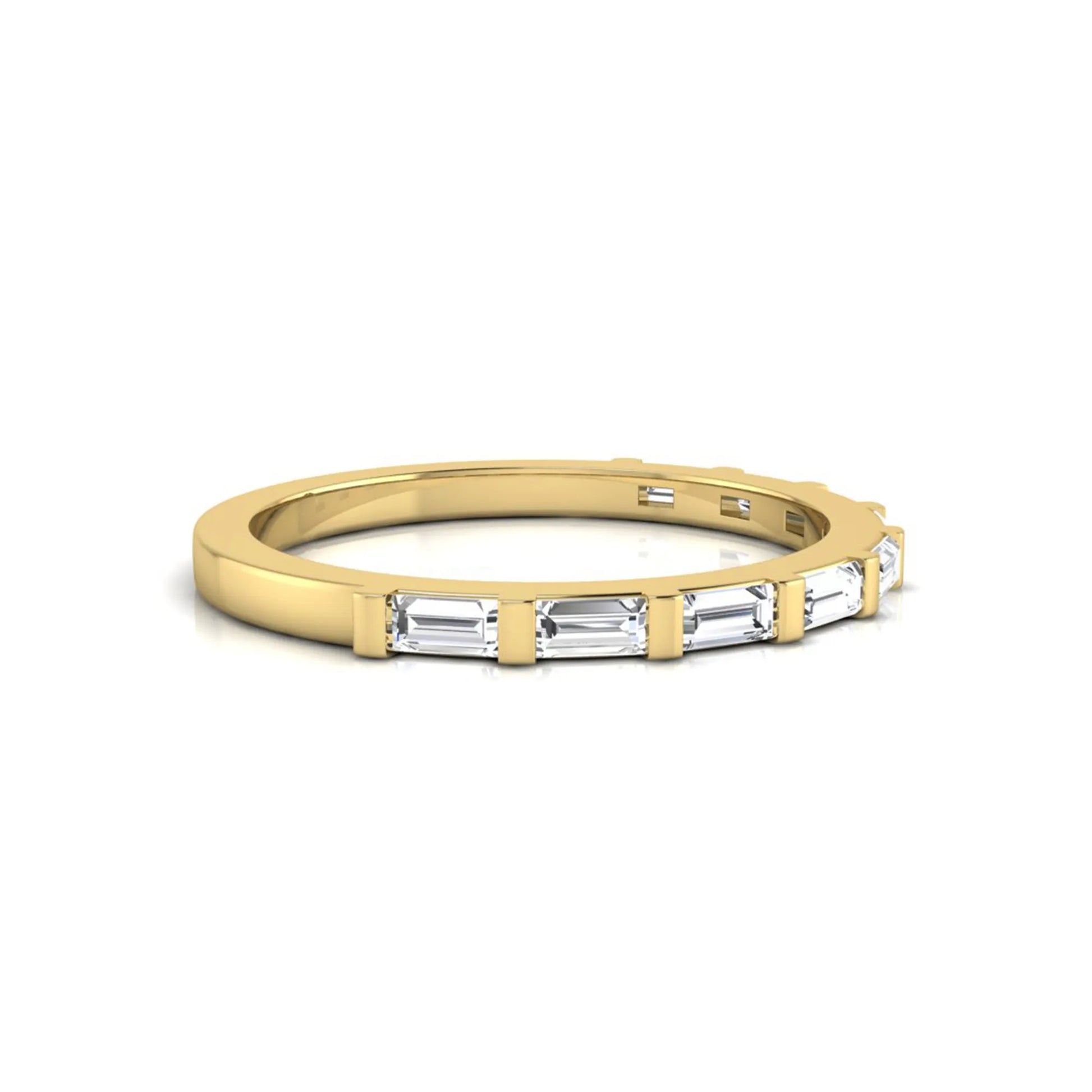 yellow gold Baguette cut lab grown diamond half eternity band ring with sleek bar setting in a modern minimalist design