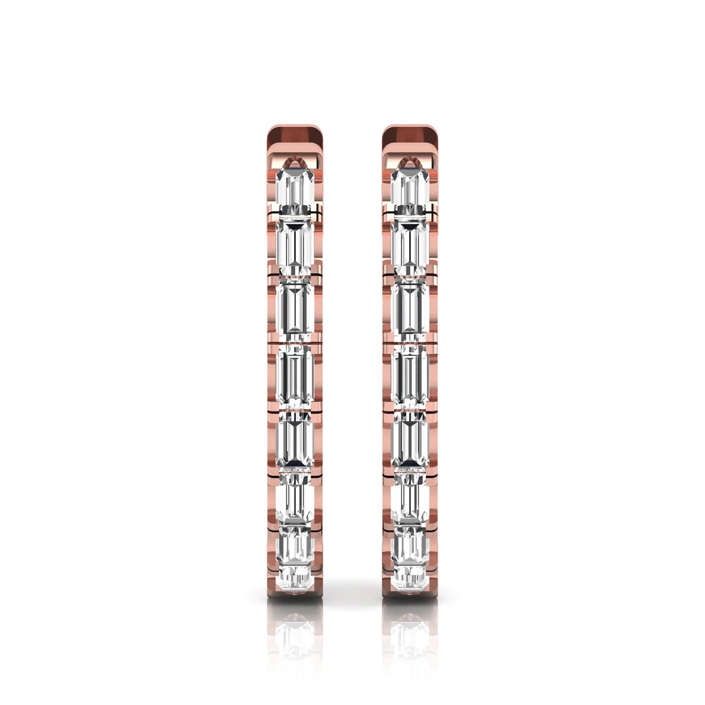Lab grown diamond huggie hoop earrings featuring vertically arranged baguette cut diamonds in a sleek linear design on a rose gold hinged hoop.