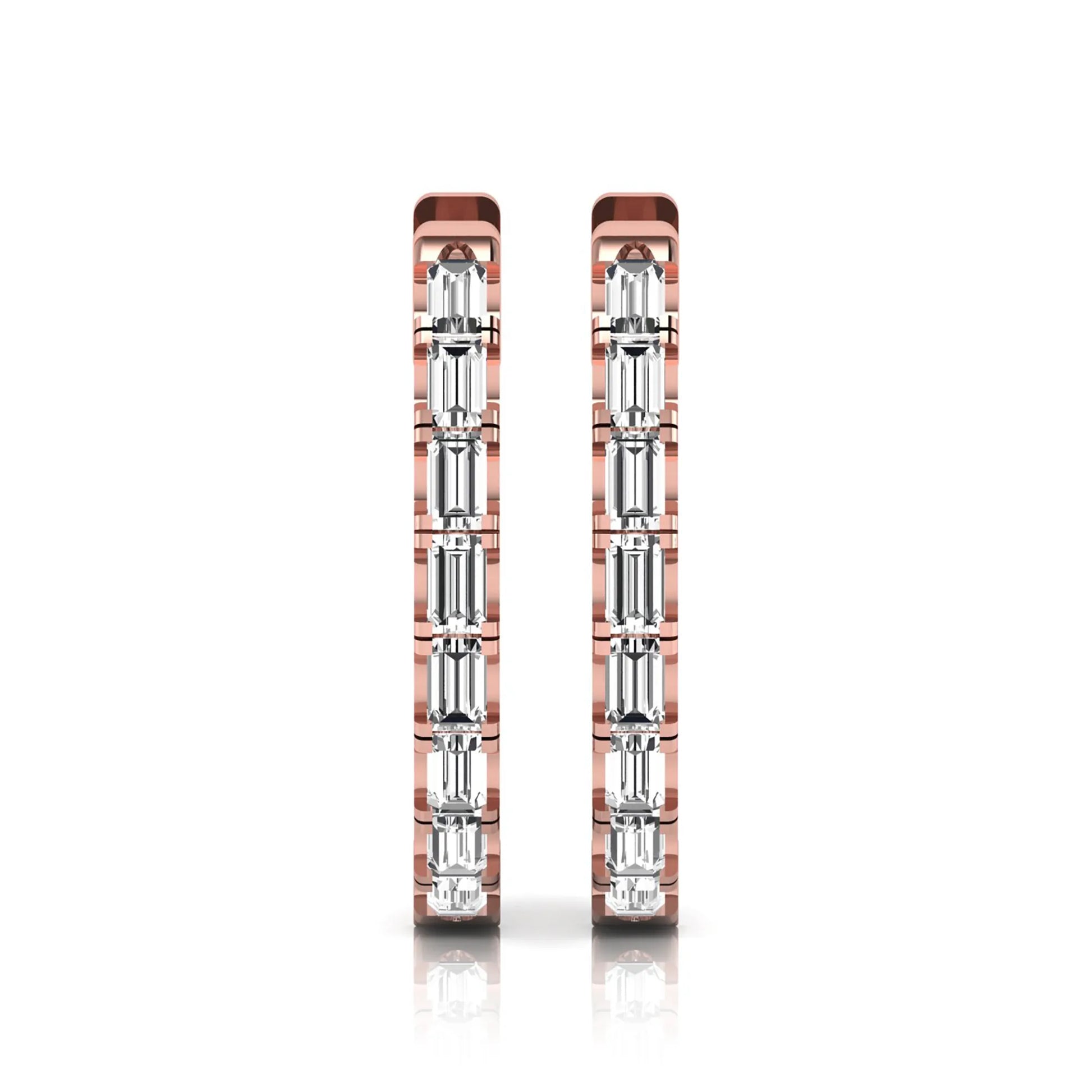 Lab grown diamond huggie hoop earrings featuring vertically arranged baguette cut diamonds in a sleek linear design on a rose gold hinged hoop.