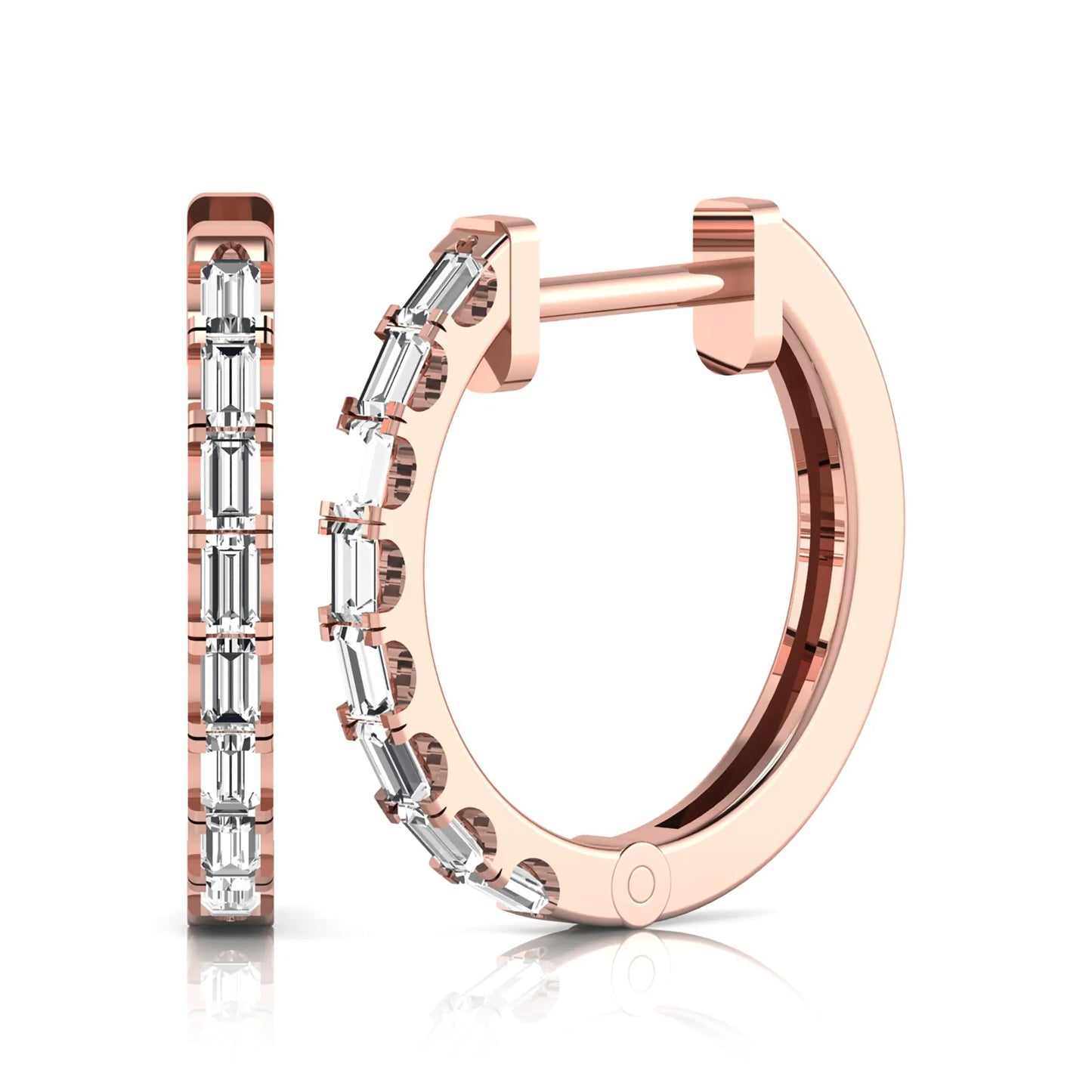 Lab grown diamond huggie hoop earrings featuring vertically arranged baguette cut diamonds in a sleek linear design on a rose gold hinged hoop.