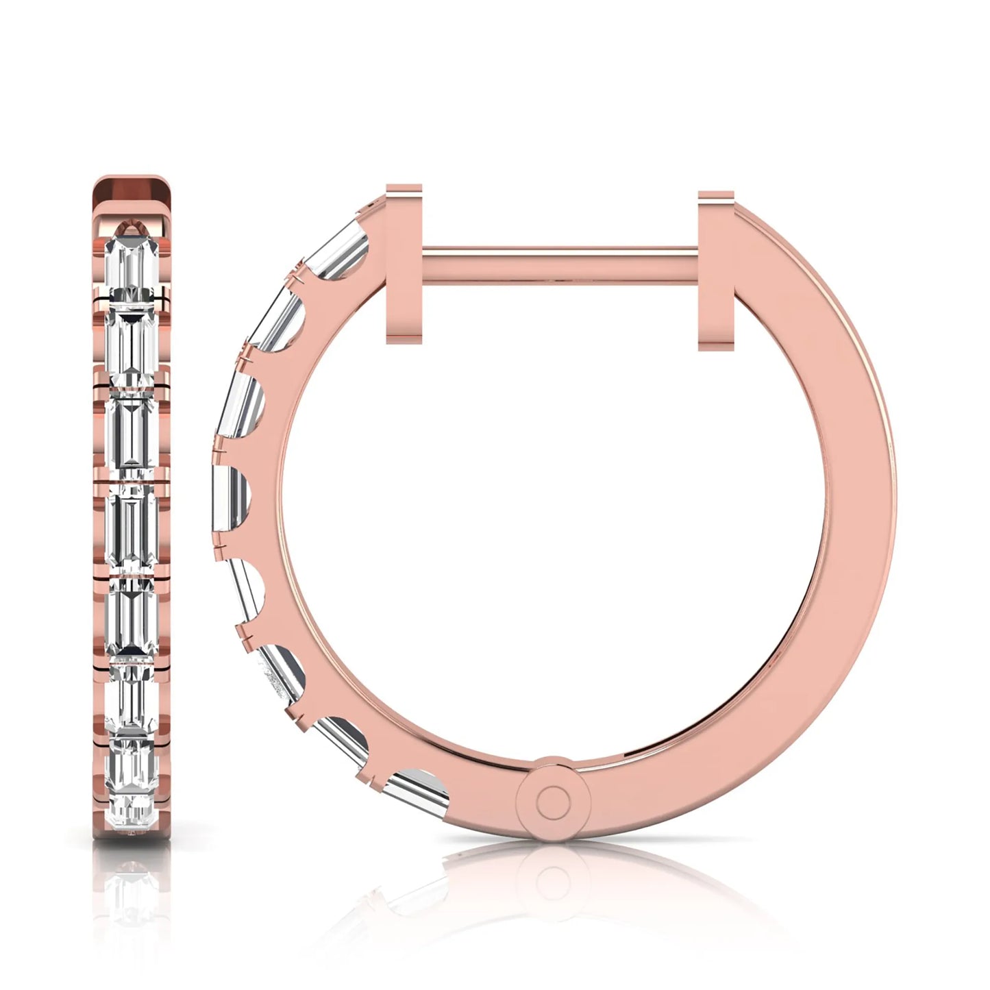 Lab grown diamond huggie hoop earrings featuring vertically arranged baguette cut diamonds in a sleek linear design on a rose gold hinged hoop.