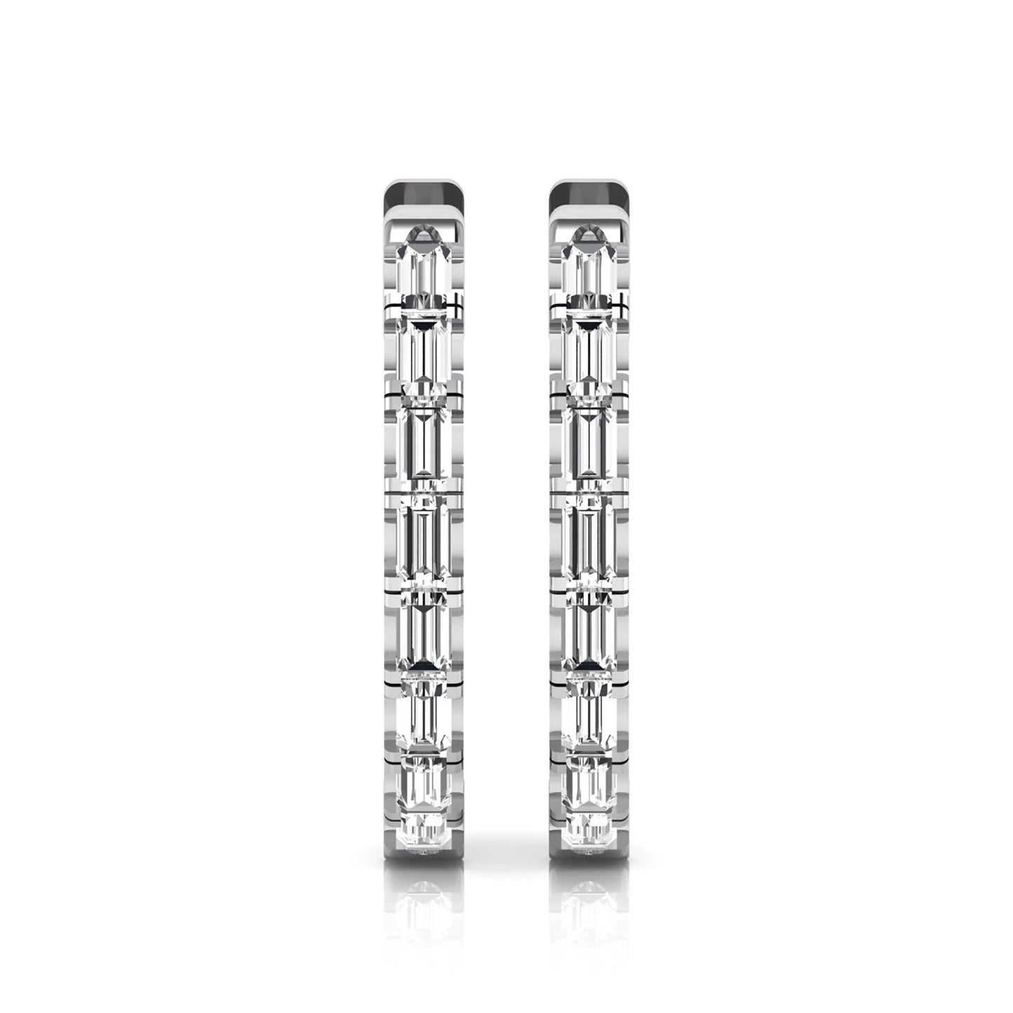 Lab grown diamond huggie hoop earrings featuring vertically arranged baguette cut diamonds in a sleek linear design on a white gold hinged hoop.