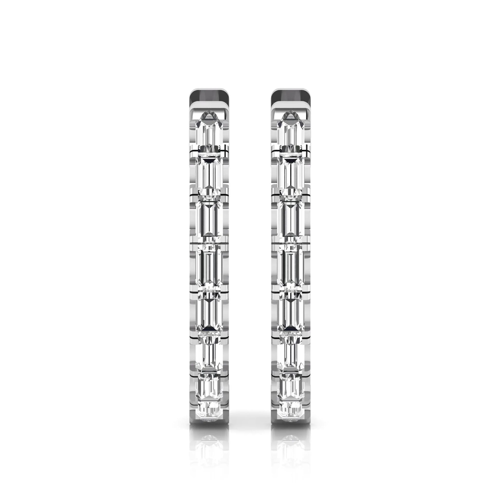 Lab grown diamond huggie hoop earrings featuring vertically arranged baguette cut diamonds in a sleek linear design on a white gold hinged hoop.