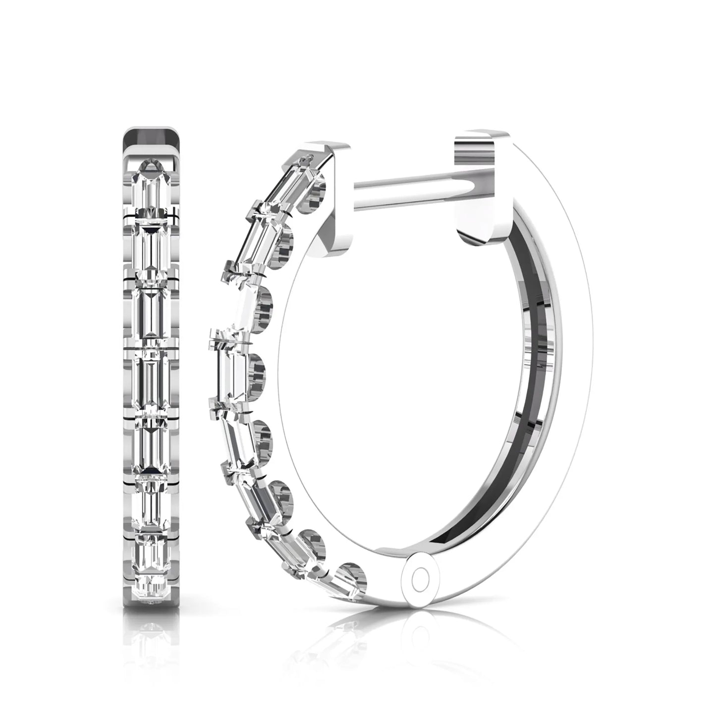 Lab grown diamond huggie hoop earrings featuring vertically arranged baguette cut diamonds in a sleek linear design on a white gold hinged hoop.