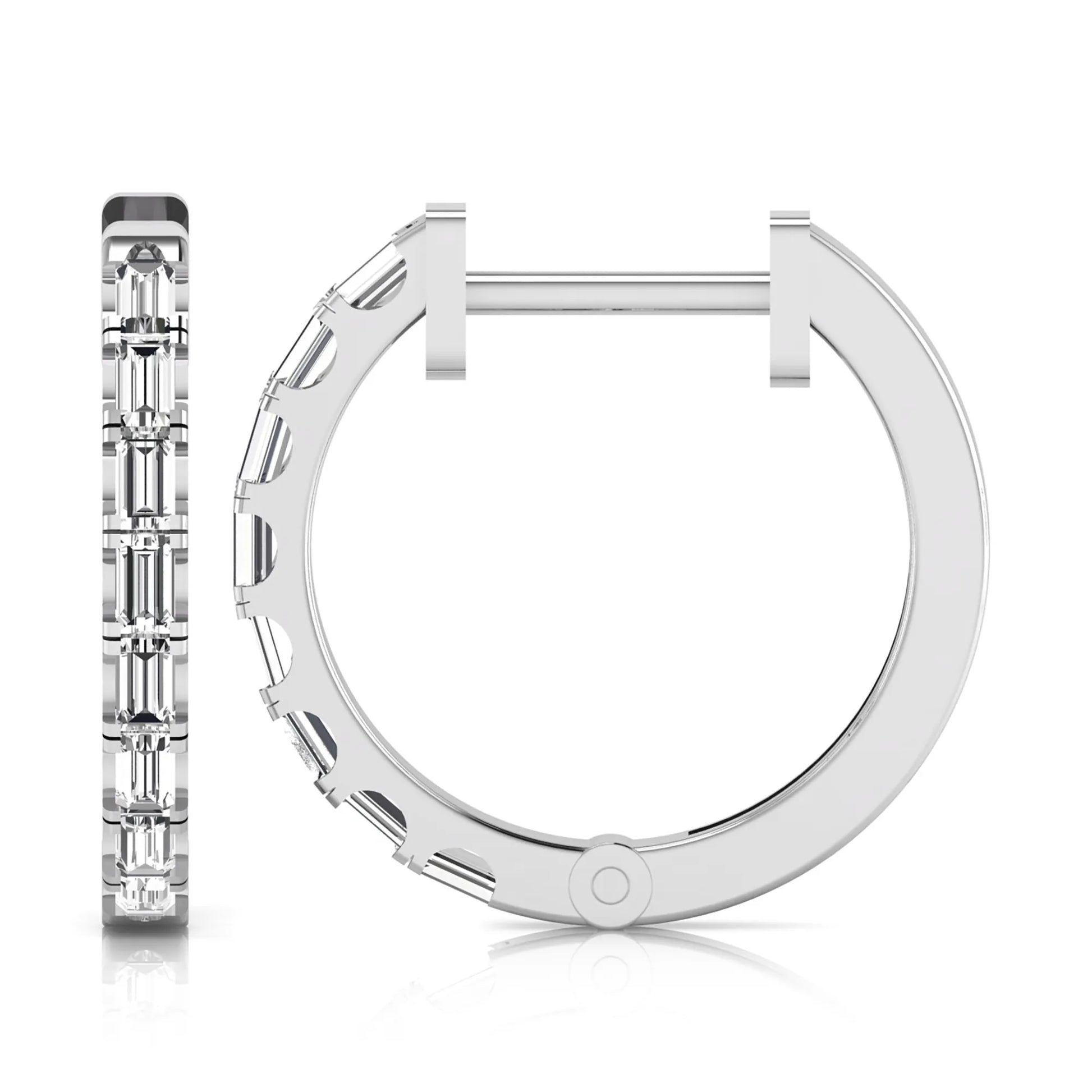 Lab grown diamond huggie hoop earrings featuring vertically arranged baguette cut diamonds in a sleek linear design on a white gold hinged hoop.