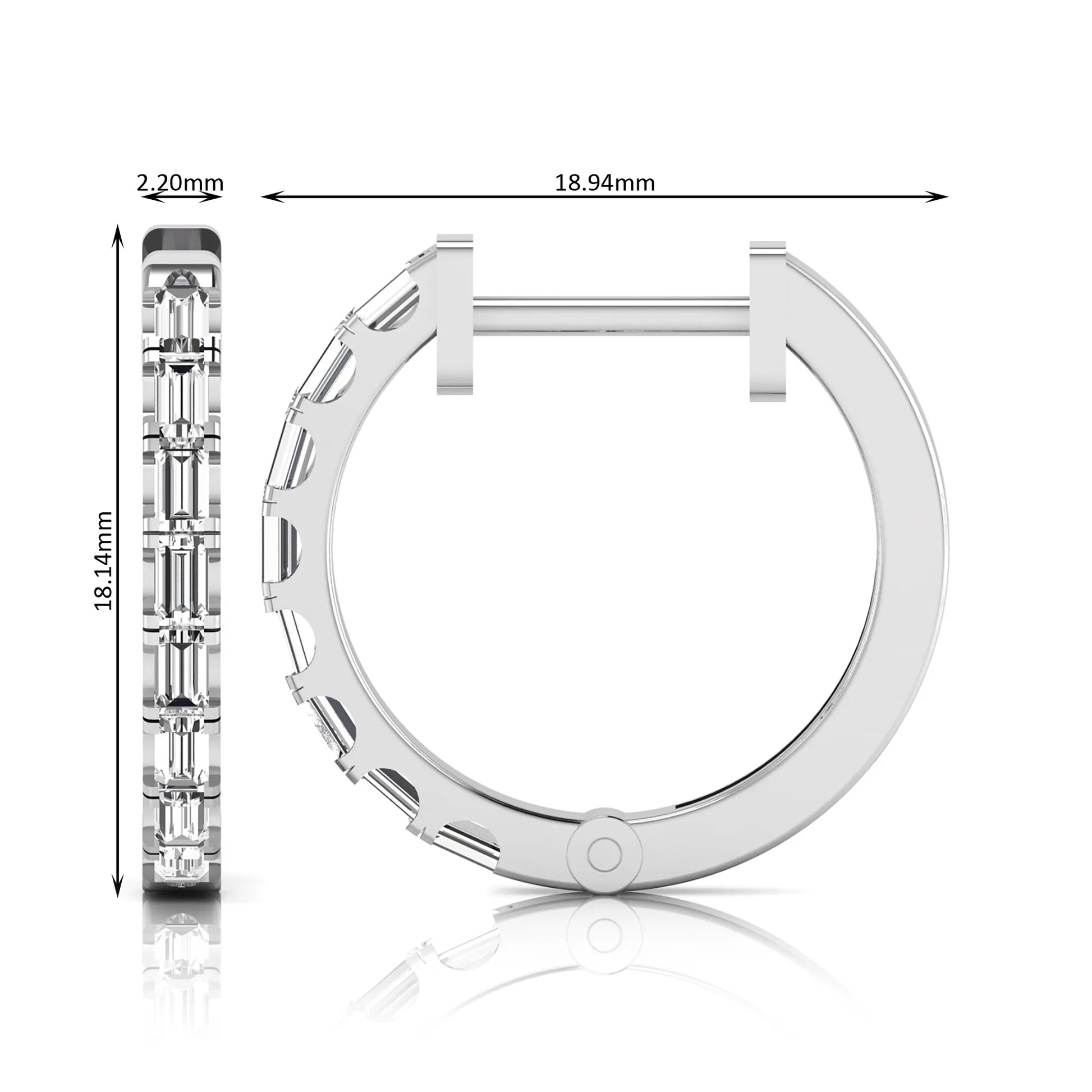 Lab grown diamond huggie hoop earrings featuring vertically arranged baguette cut diamonds in a sleek linear design on a white gold hinged hoop.