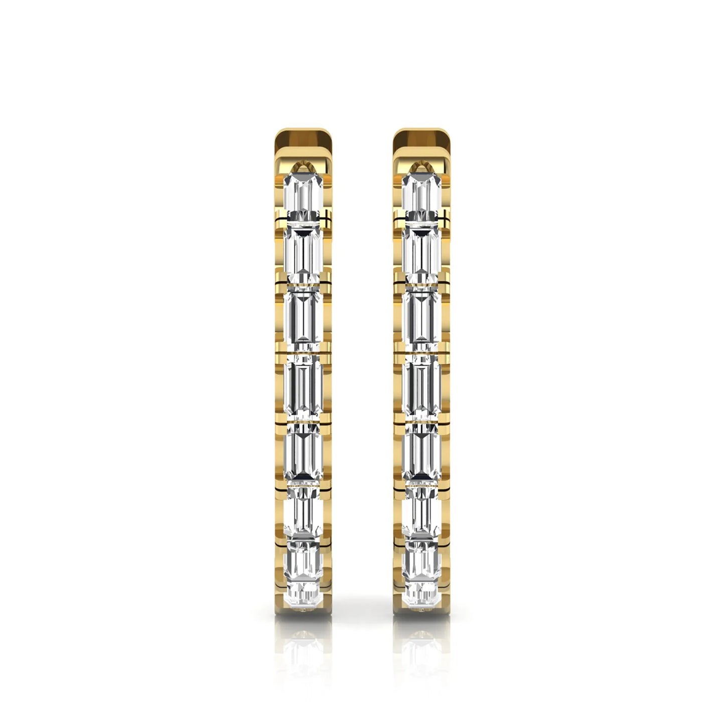 Lab grown diamond huggie hoop earrings featuring vertically arranged baguette cut diamonds in a sleek linear design on a yellow gold hinged hoop.
