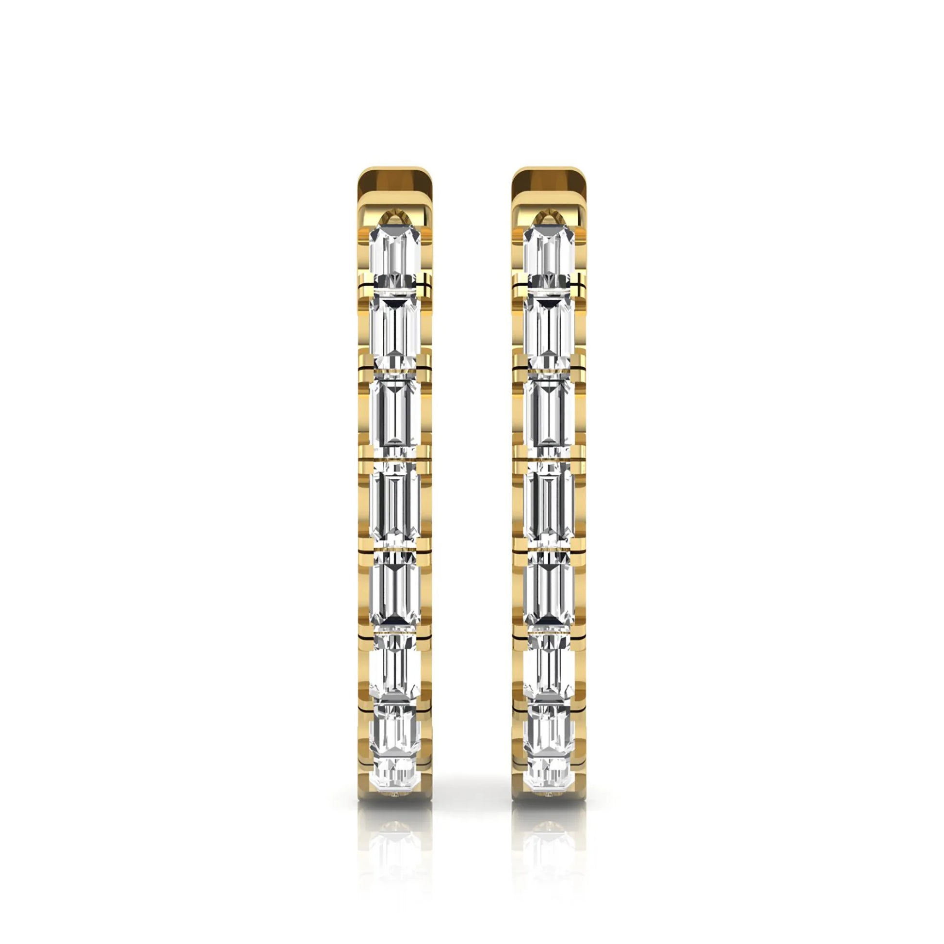 Lab grown diamond huggie hoop earrings featuring vertically arranged baguette cut diamonds in a sleek linear design on a yellow gold hinged hoop.