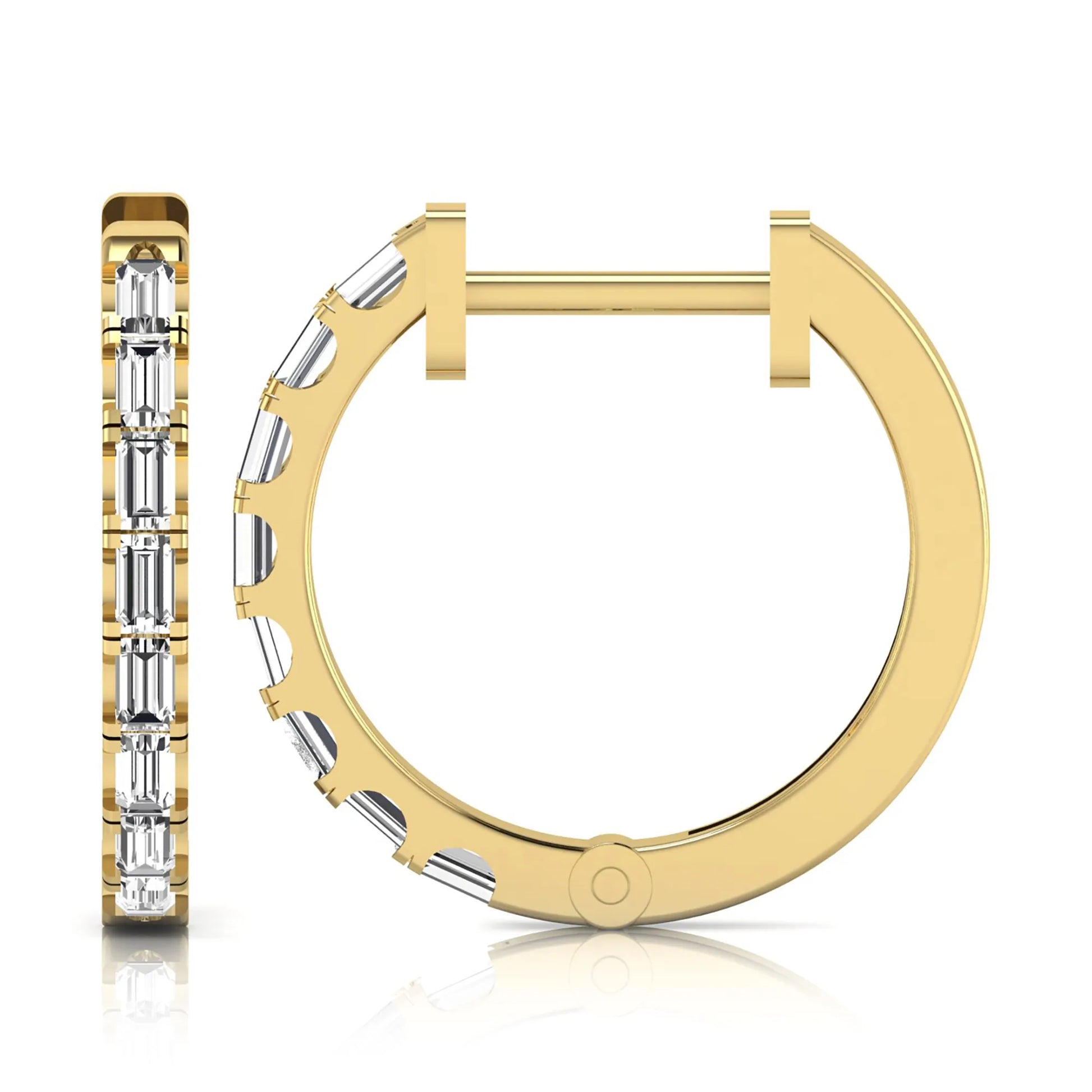 Lab grown diamond huggie hoop earrings featuring vertically arranged baguette cut diamonds in a sleek linear design on a yellow gold hinged hoop.