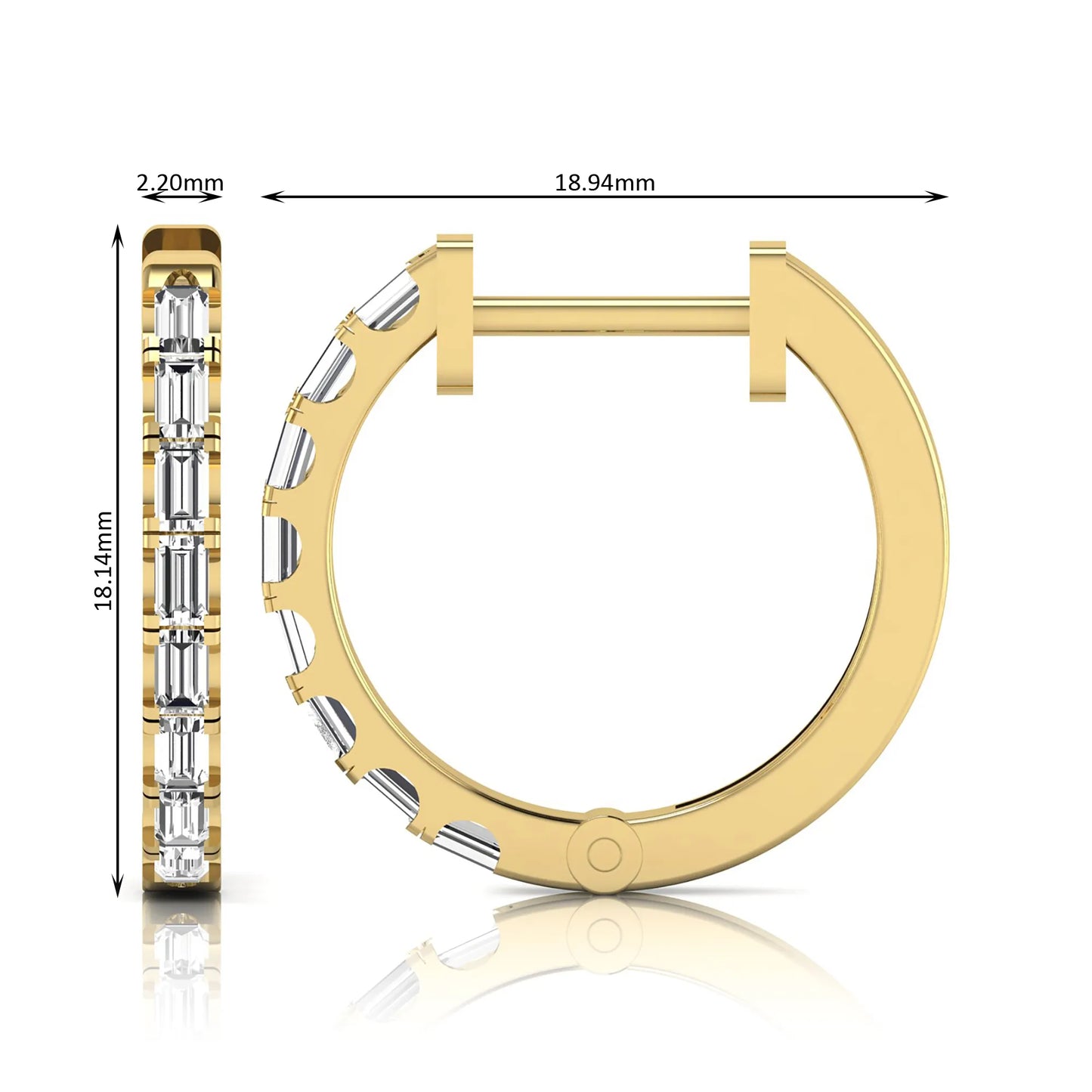 Lab grown diamond huggie hoop earrings featuring vertically arranged baguette cut diamonds in a sleek linear design on a yellow gold hinged hoop.