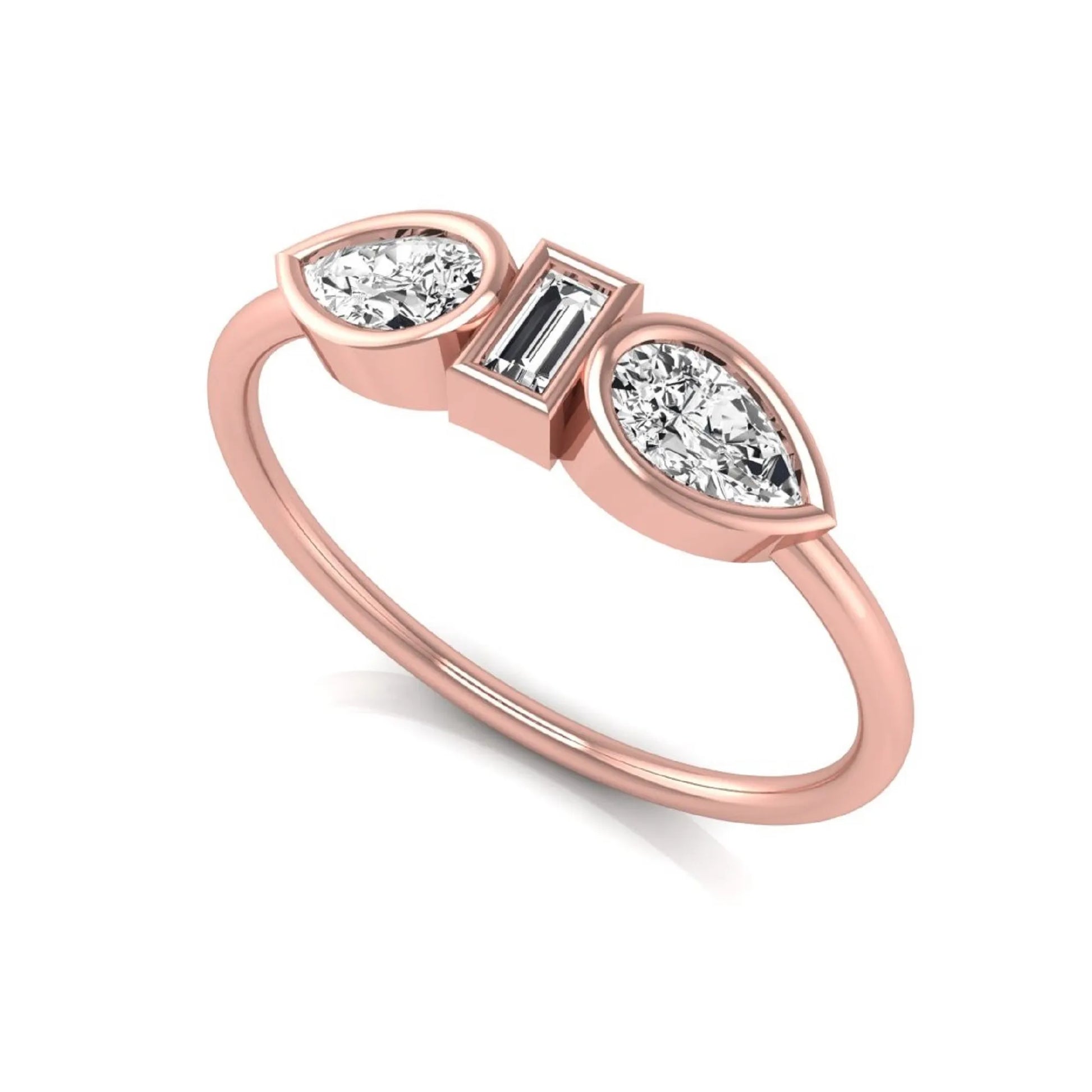 Rose-gold ring with three diamond stones on a white background