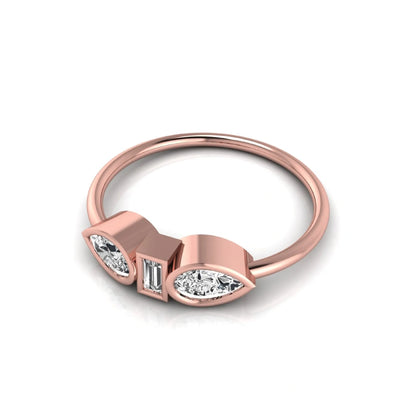Rose-gold ring with three diamond stones on a white background