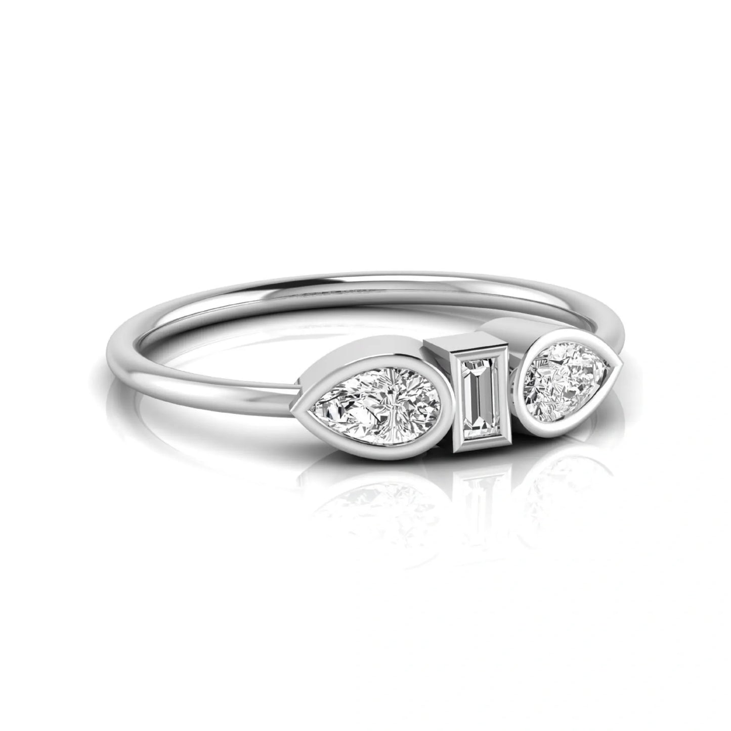 white-gold ring with three diamond stones on a white background