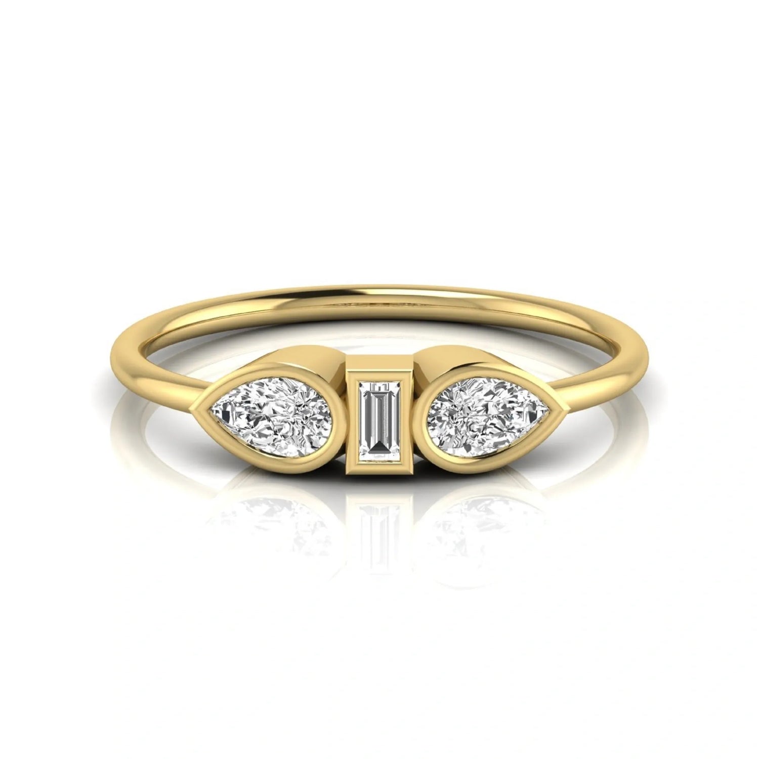 yellow-Gold ring with three diamond stones on a white background