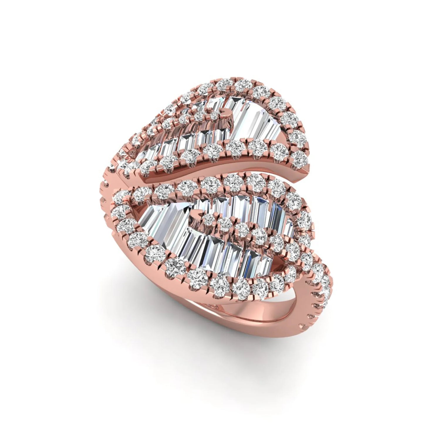 Baguette and round cut lab grown diamond bypass leaf ring with prong setting in rose gold tone.