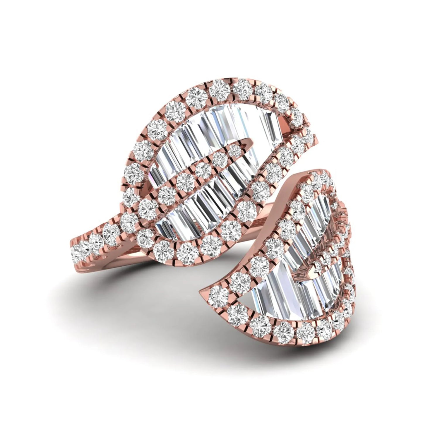 Baguette and round cut lab grown diamond bypass leaf ring with prong setting in rose gold tone.