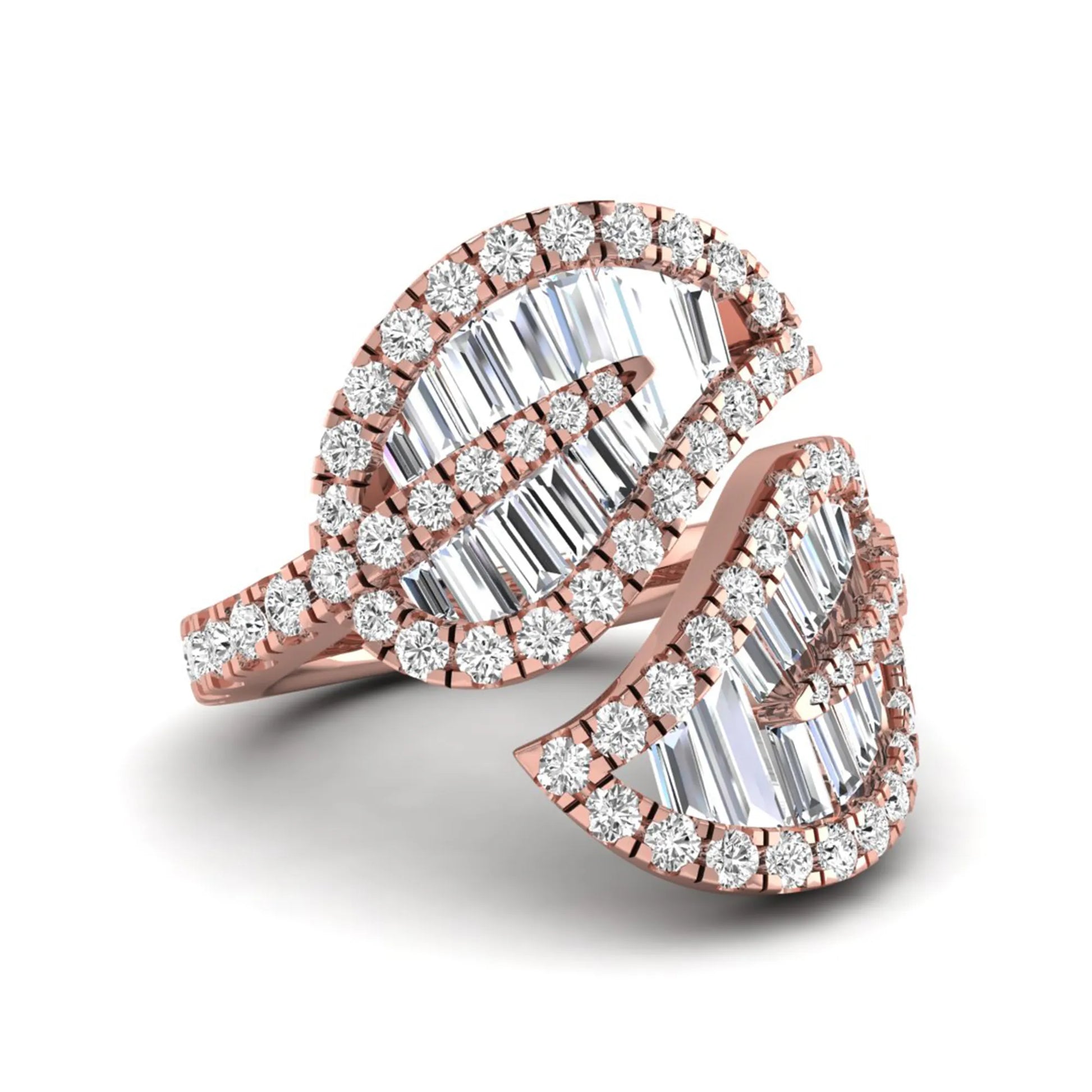 Baguette and round cut lab grown diamond bypass leaf ring with prong setting in rose gold tone.