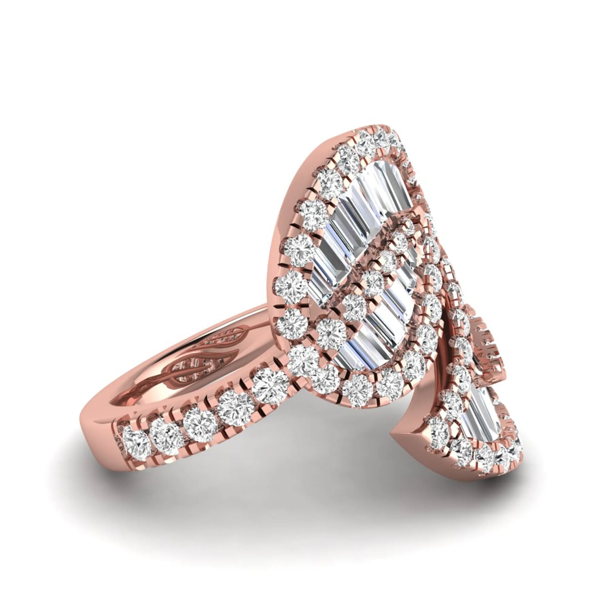 Baguette and round cut lab grown diamond bypass leaf ring with prong setting in rose gold tone.