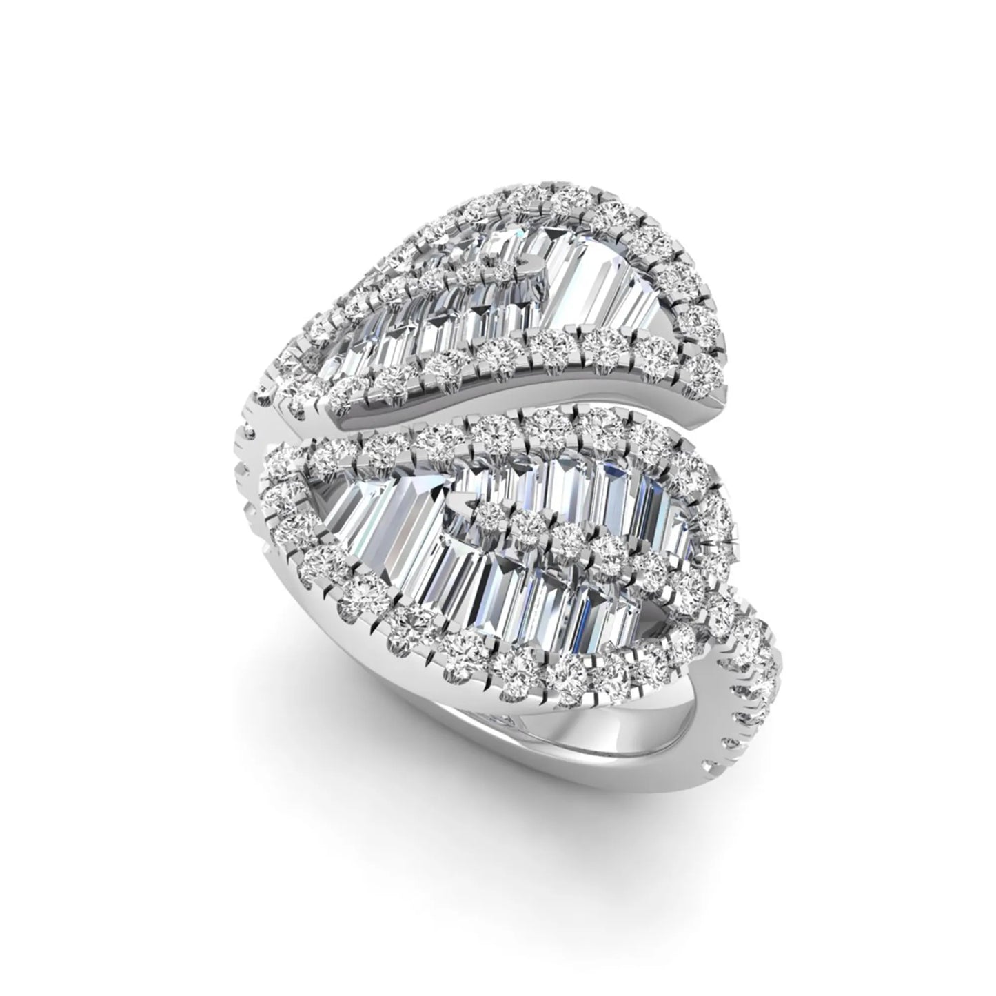 Baguette and round cut lab grown diamond bypass leaf ring with prong setting in white gold tone.