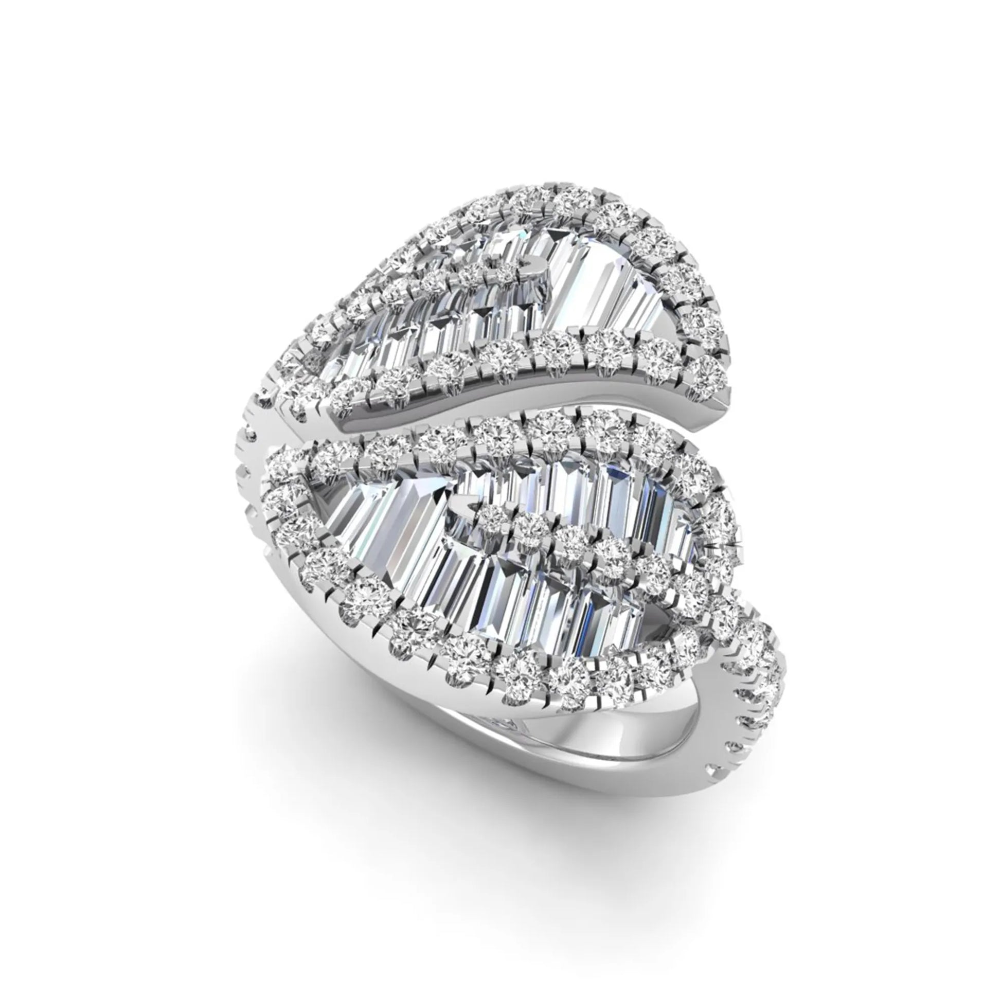 Baguette and round cut lab grown diamond bypass leaf ring with prong setting in white gold tone.