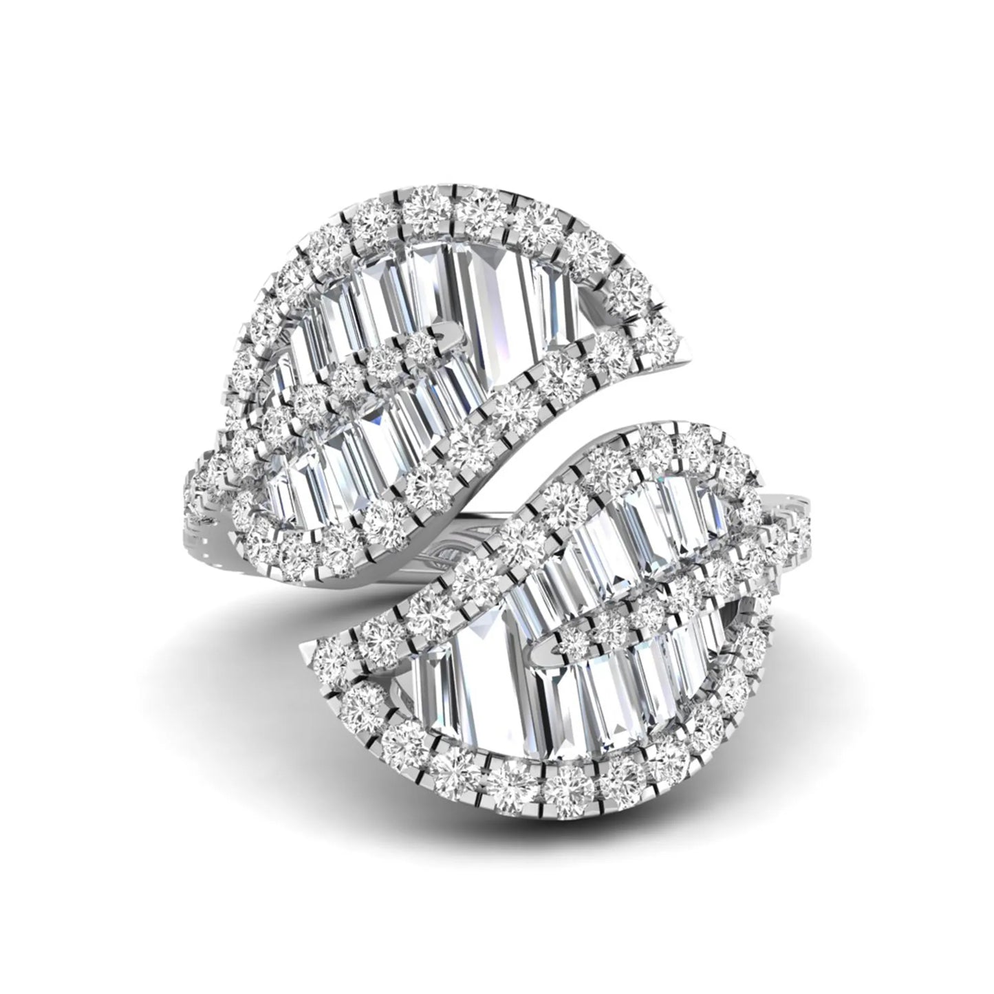 Baguette and round cut lab grown diamond bypass leaf ring with prong setting in white gold tone.