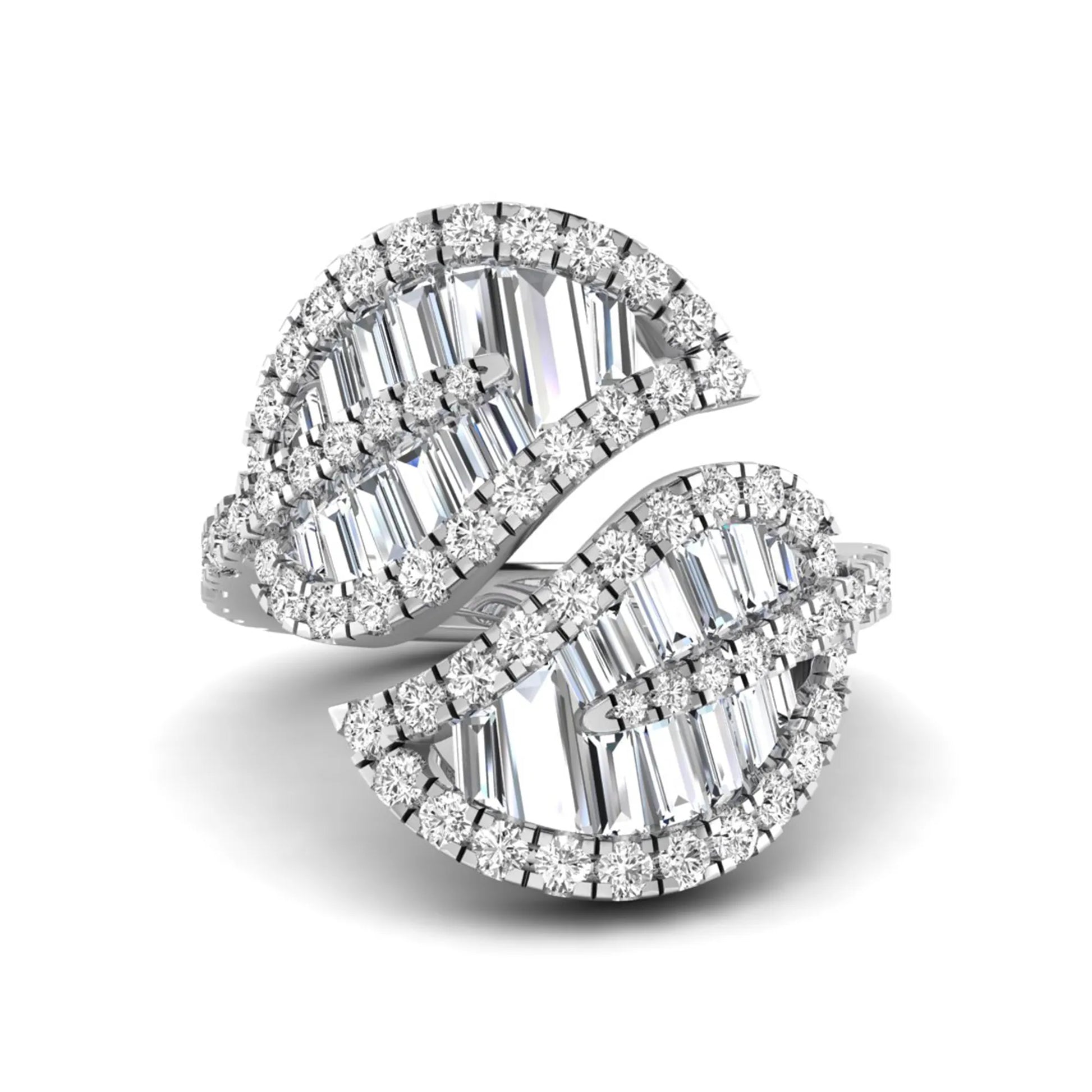 Baguette and round cut lab grown diamond bypass leaf ring with prong setting in white gold tone.