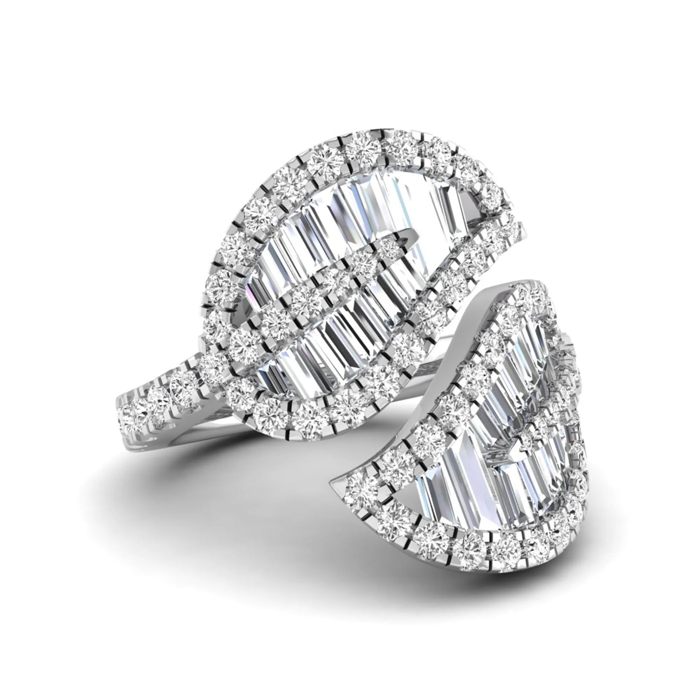 Baguette and round cut lab grown diamond bypass leaf ring with prong setting in white gold tone.