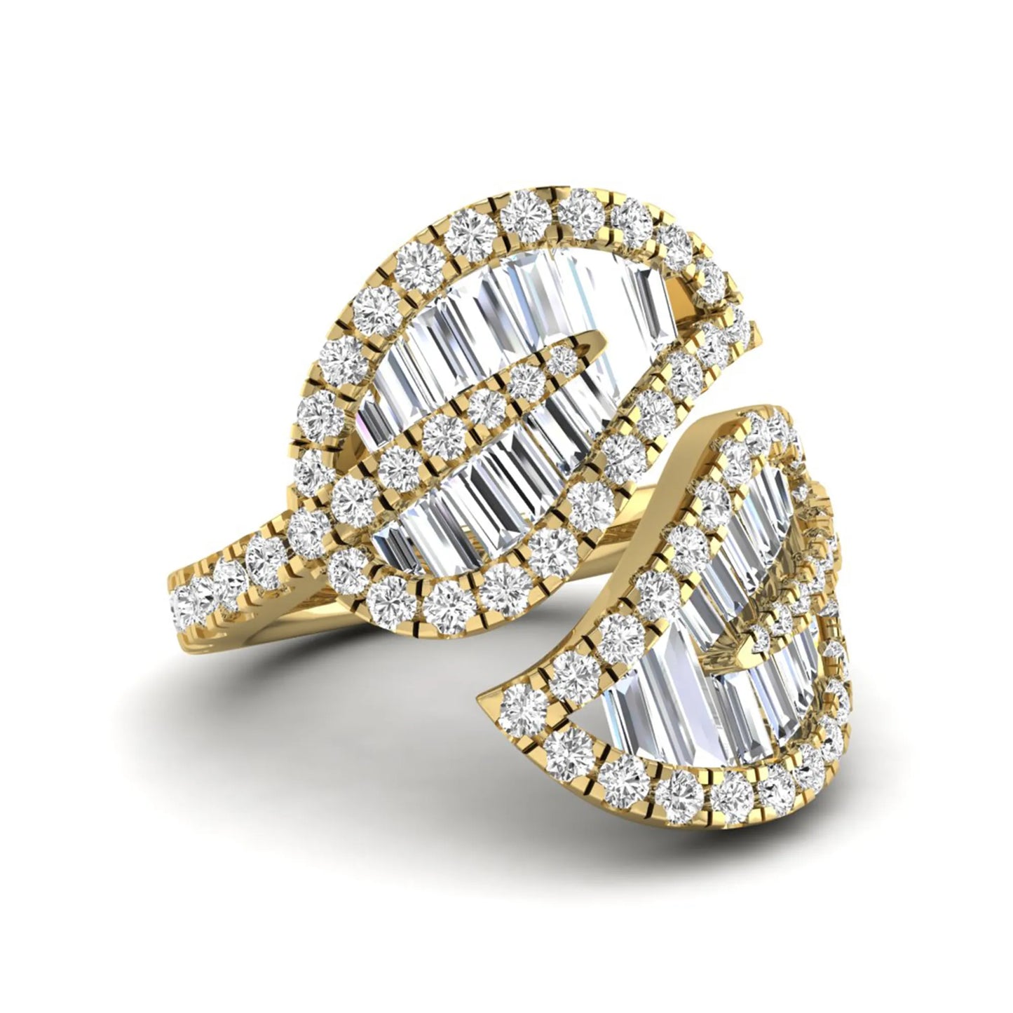 Baguette and round cut lab grown diamond bypass leaf ring with prong setting in yellow gold tone.