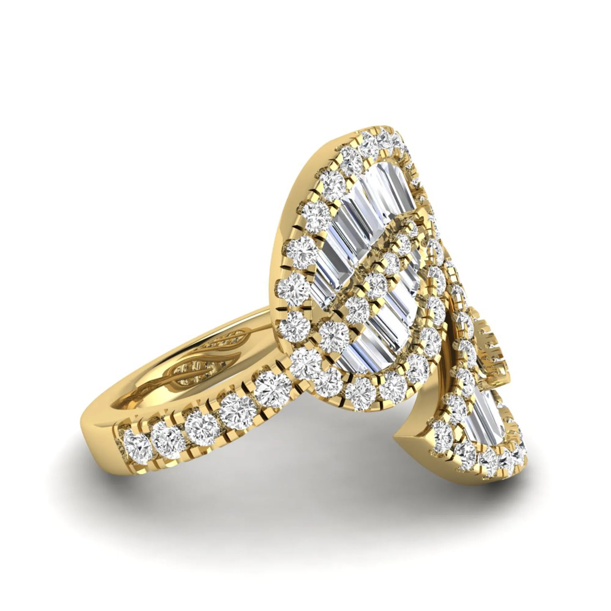 Baguette and round cut lab grown diamond bypass leaf ring with prong setting in yellow gold tone.