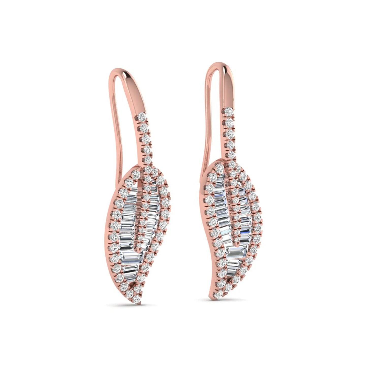 Baguette and round cut lab grown diamond leaf drop earrings with prong setting in rose gold tone featuring an elegant elongated design.