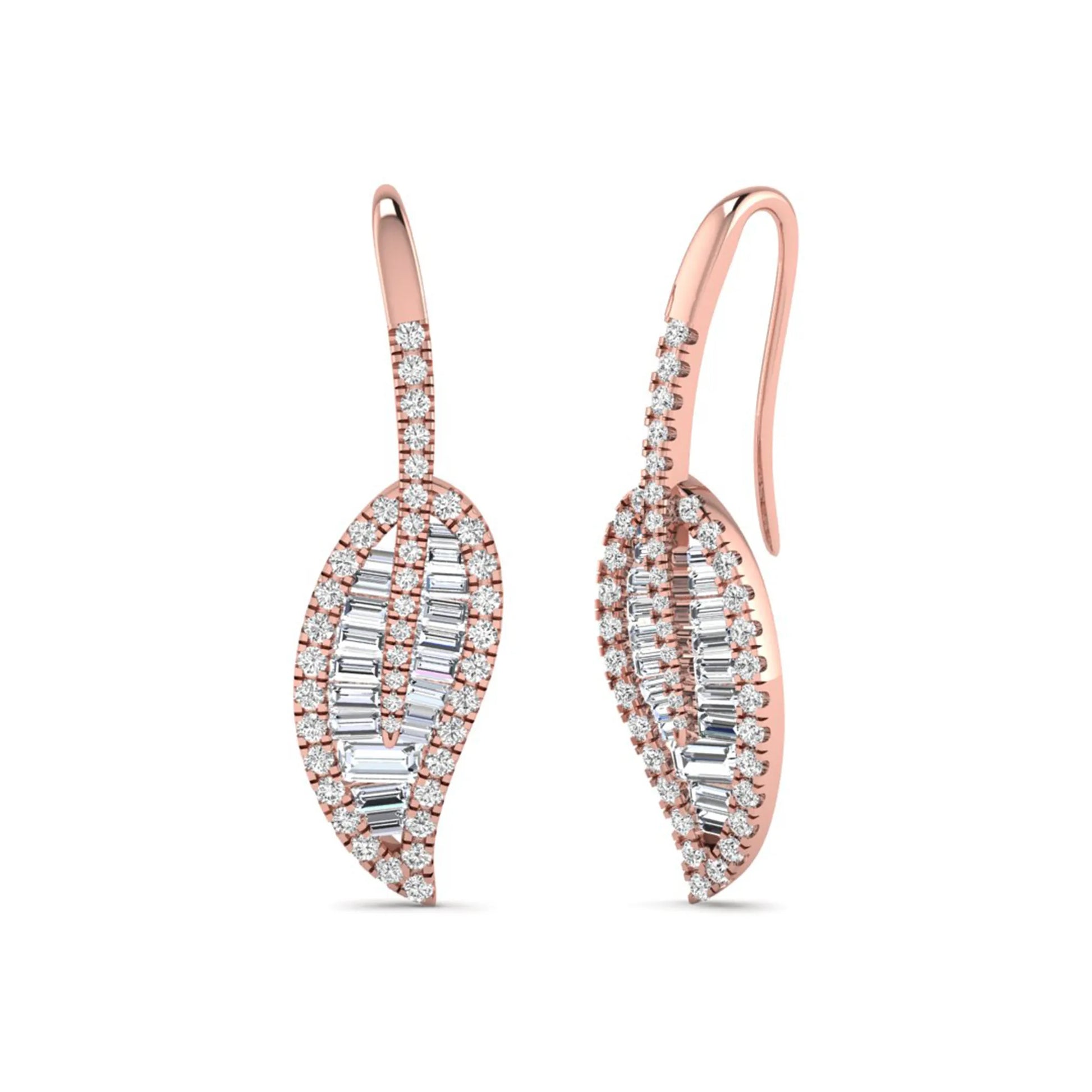 Baguette and round cut lab grown diamond leaf drop earrings with prong setting in rose gold tone featuring an elegant elongated design.