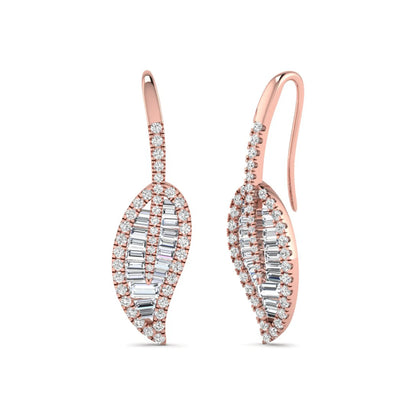 Baguette and round cut lab grown diamond leaf drop earrings with prong setting in rose gold tone featuring an elegant elongated design.