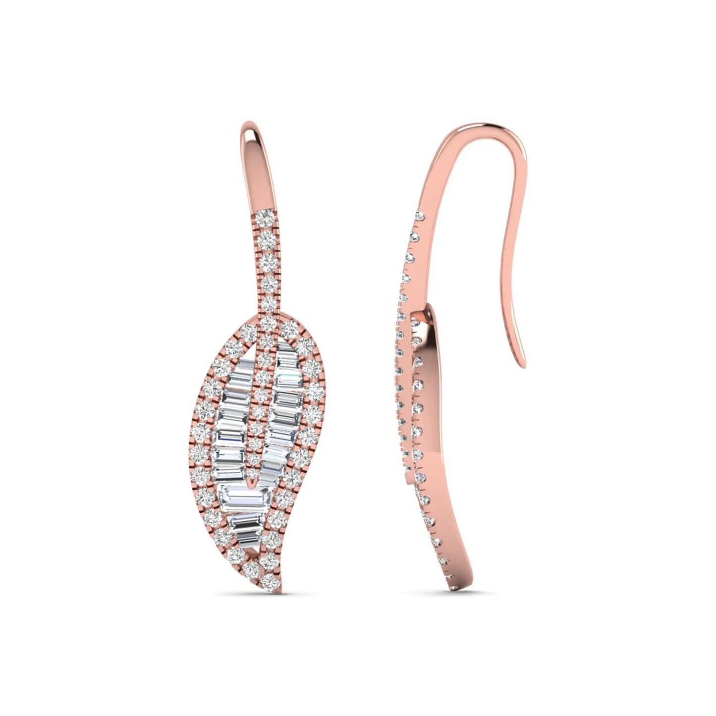 Baguette and round cut lab grown diamond leaf drop earrings with prong setting in rose gold tone featuring an elegant elongated design.