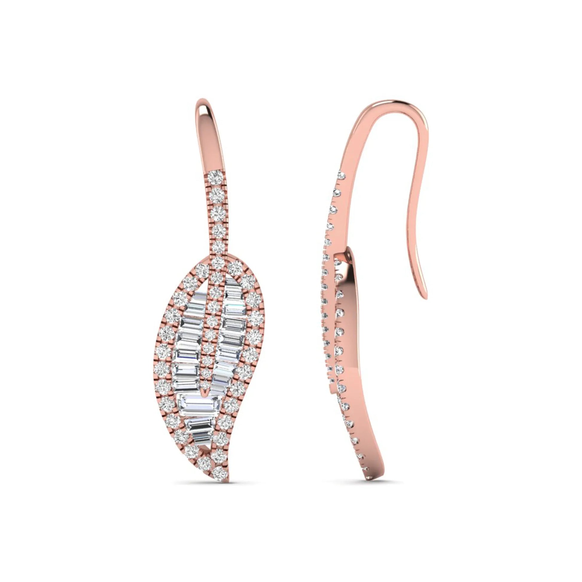 Baguette and round cut lab grown diamond leaf drop earrings with prong setting in rose gold tone featuring an elegant elongated design.