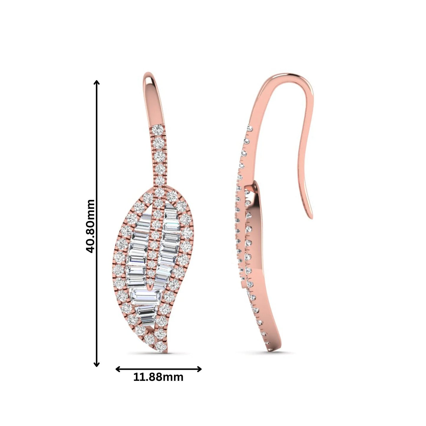 Baguette and round cut lab grown diamond leaf drop earrings with prong setting in rose gold tone featuring an elegant elongated design.