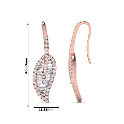 Baguette and round cut lab grown diamond leaf drop earrings with prong setting in rose gold tone featuring an elegant elongated design.