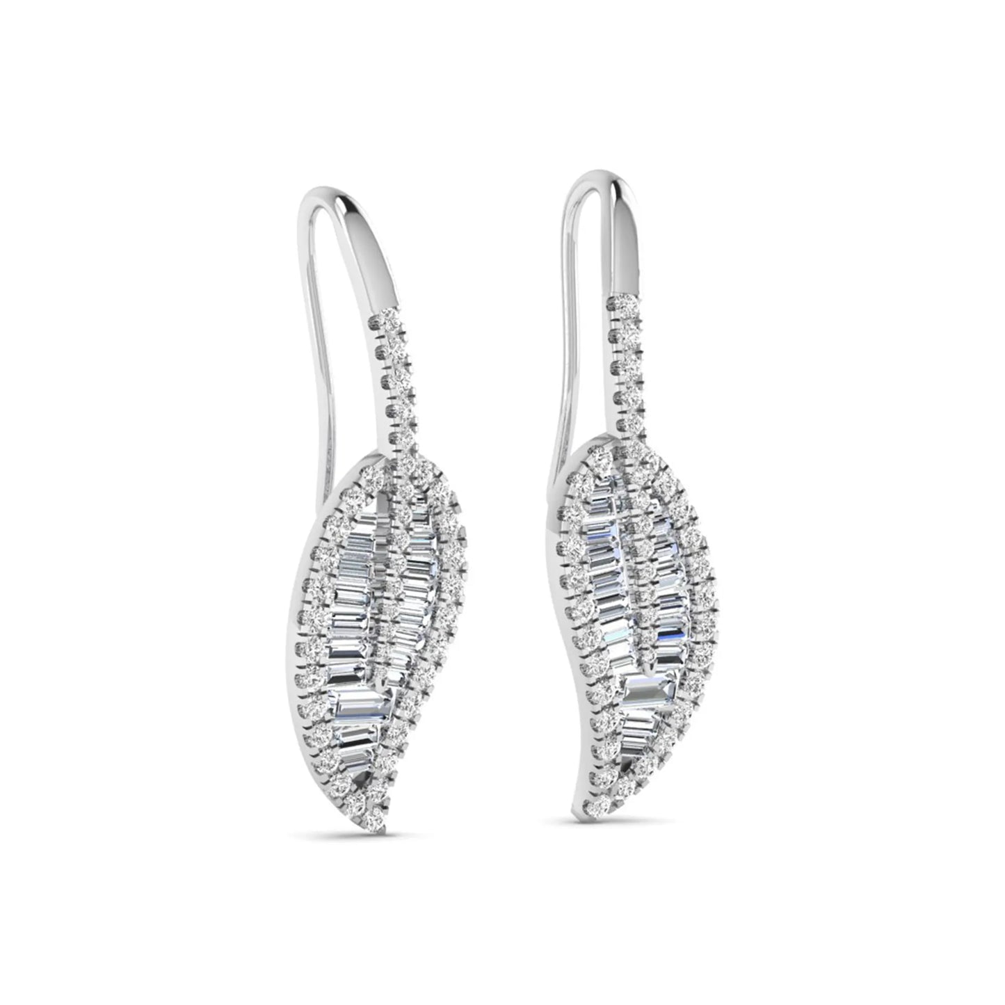 Baguette and round cut lab grown diamond leaf drop earrings with prong setting in white gold tone featuring an elegant elongated design.