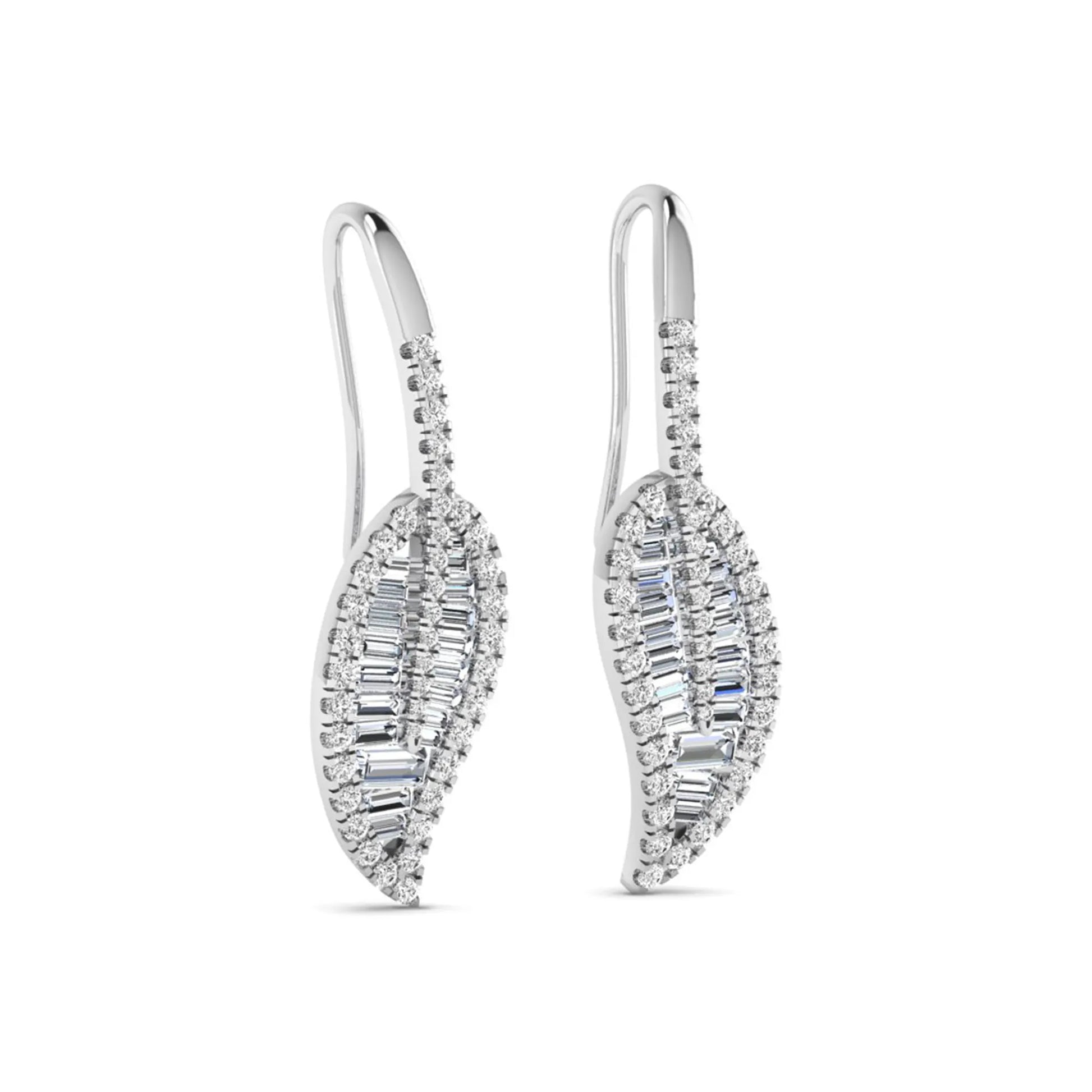 Baguette and round cut lab grown diamond leaf drop earrings with prong setting in white gold tone featuring an elegant elongated design.
